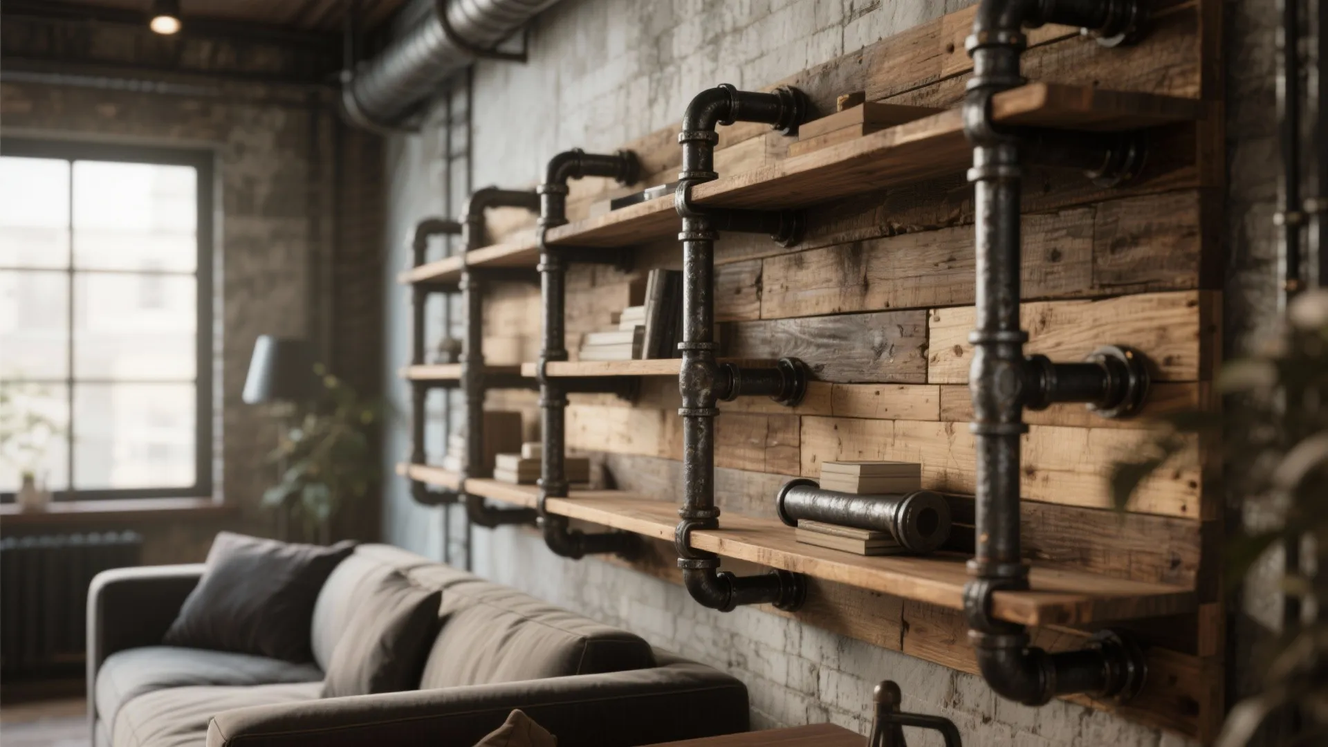 Industrial style living room with wall shelves made of dark pipes and reclaimed wood boards