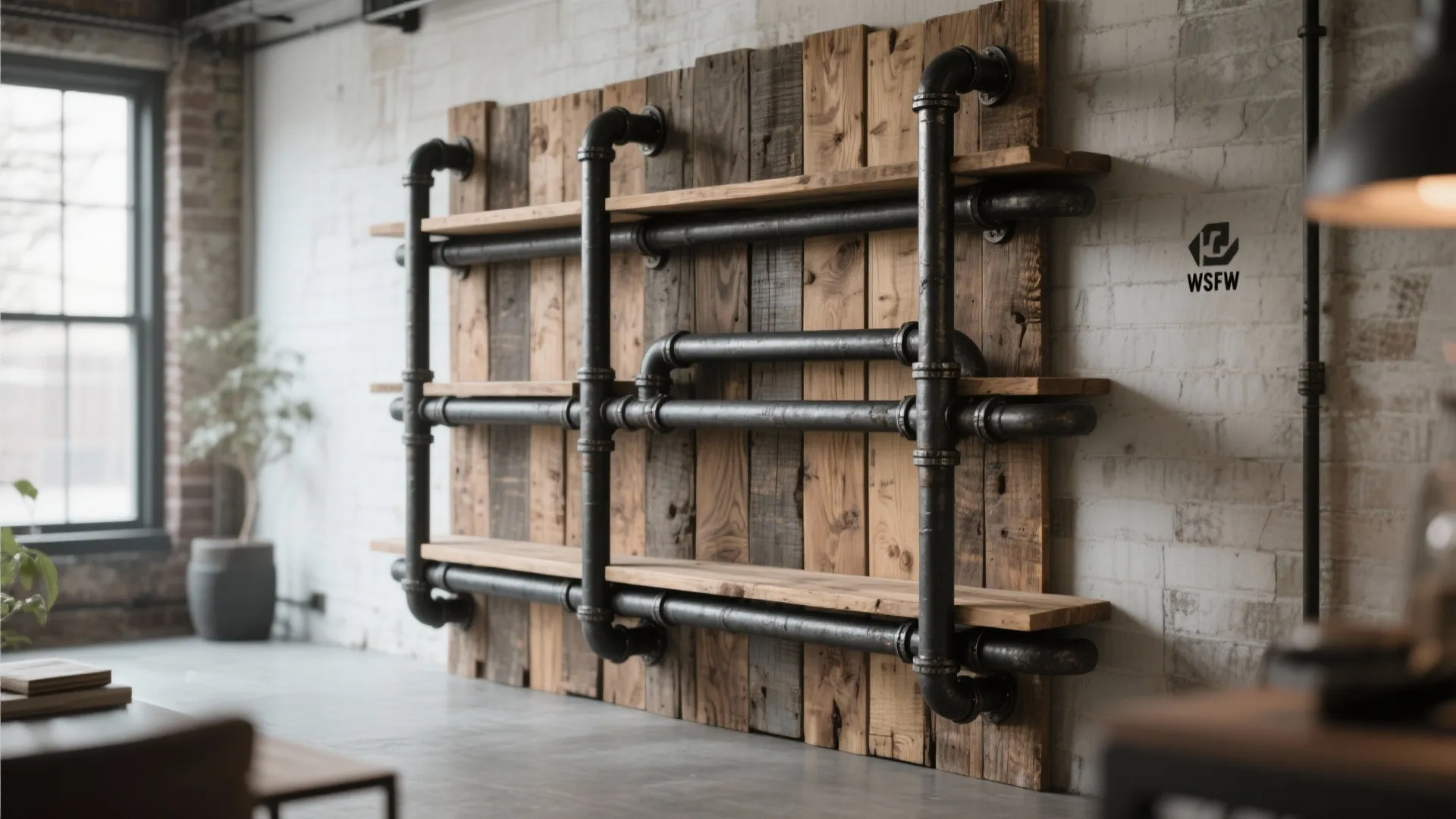 Industrial wall shelving unit with black metal pipes and wood boards against a white brick wall
