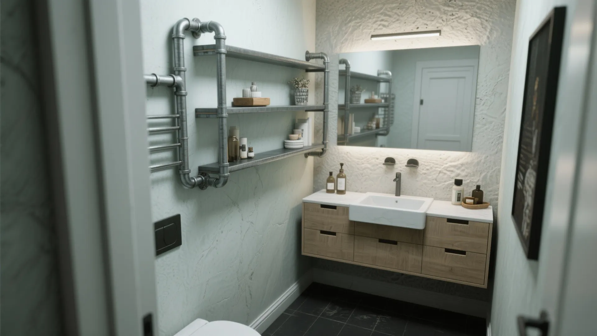 3. Industrial Pipe Shelving with Hidden Storage