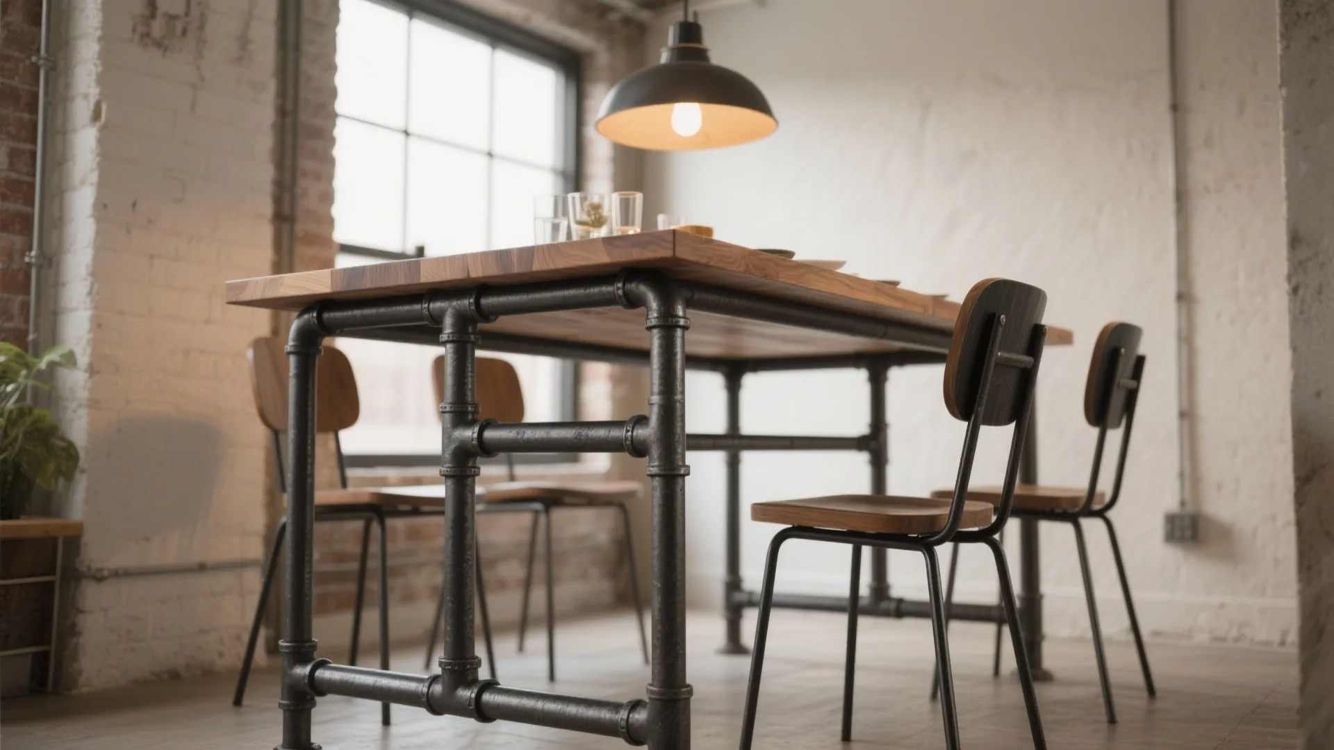 Industrial dining table with metal pipe legs and wood top surrounded by four simple chairs