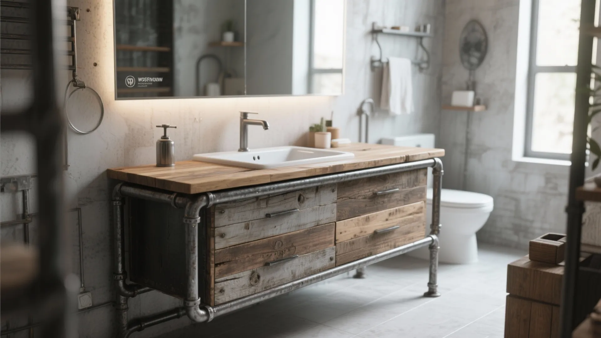 Industrial bathroom with a wood cabinet sink on metal pipes and a large lighted mirror