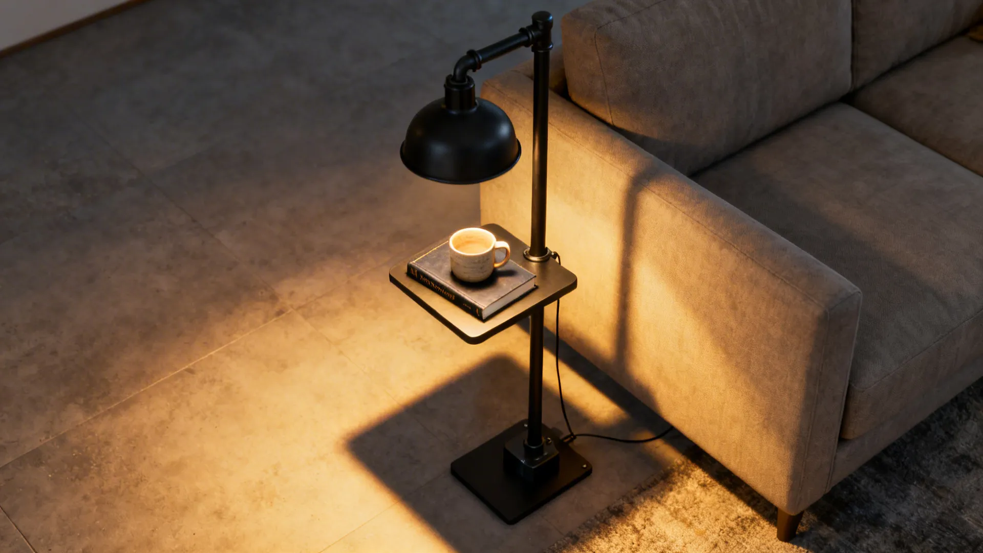 Industrial pole lamp with a built-in table shelf beside a sofa holding a cup and book