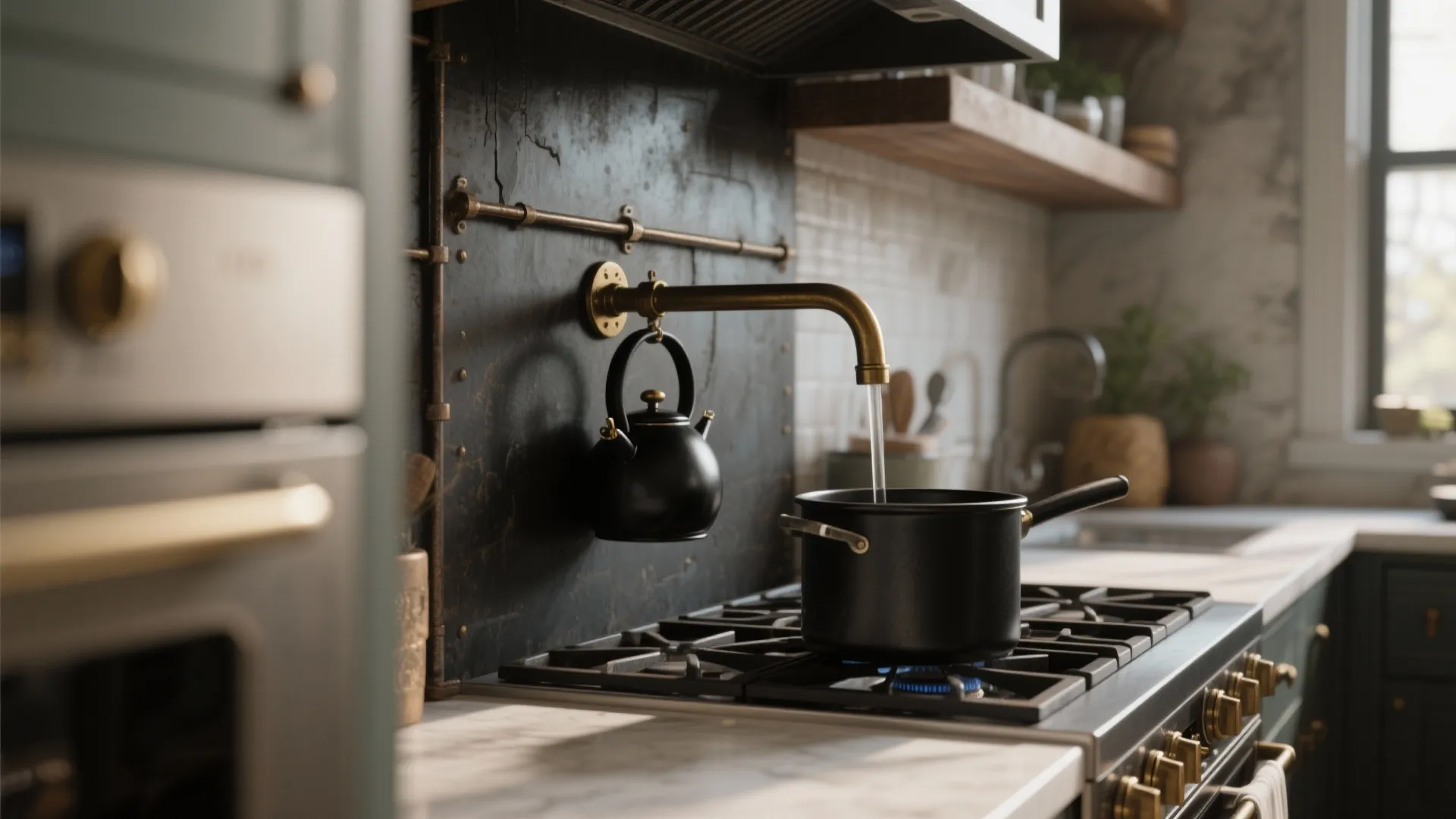 Brass wall-mounted kitchen faucet filling black pot on gas stove with hanging kettle and backsplash