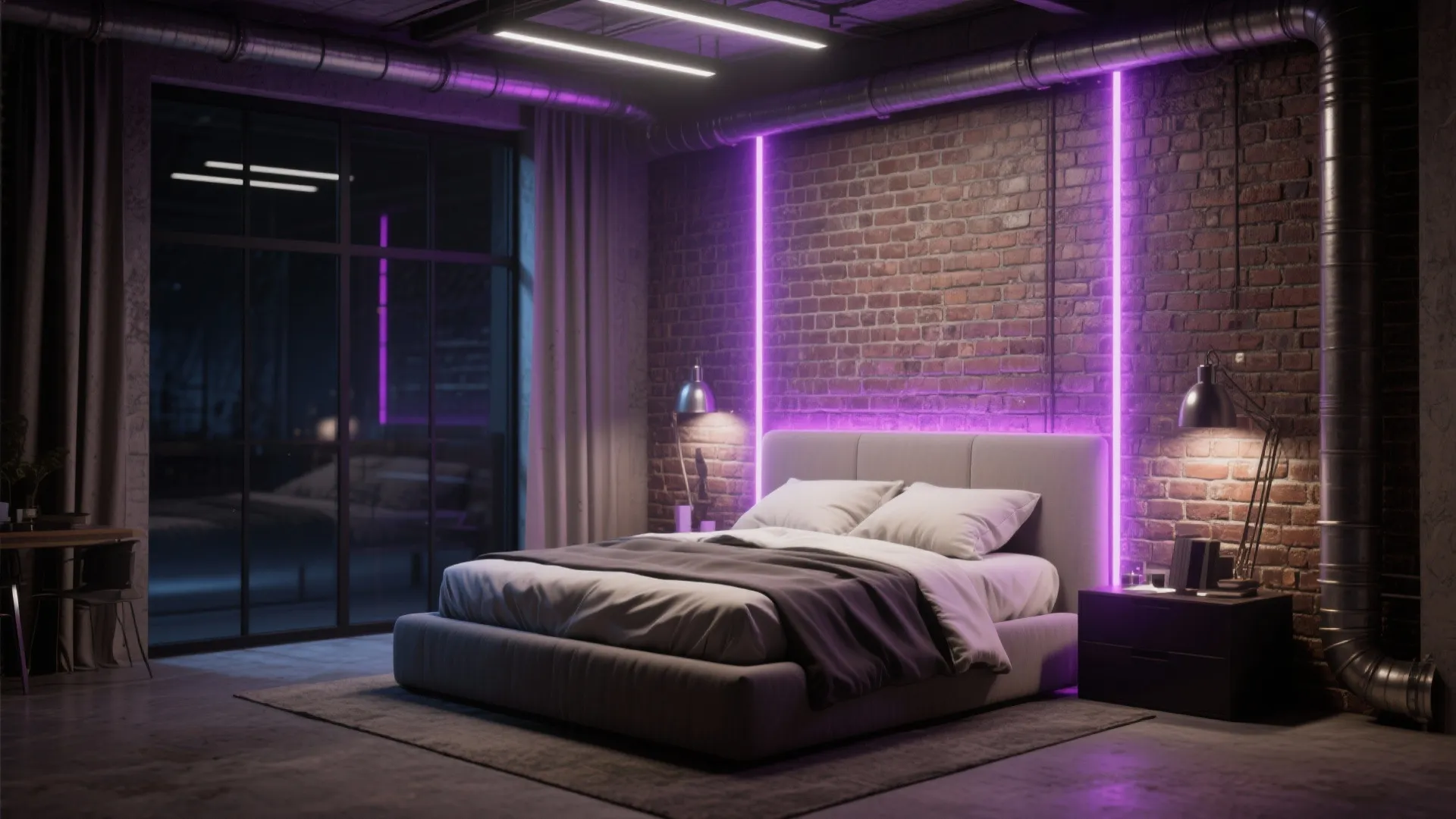 5. Industrial Style with Purple Lighting