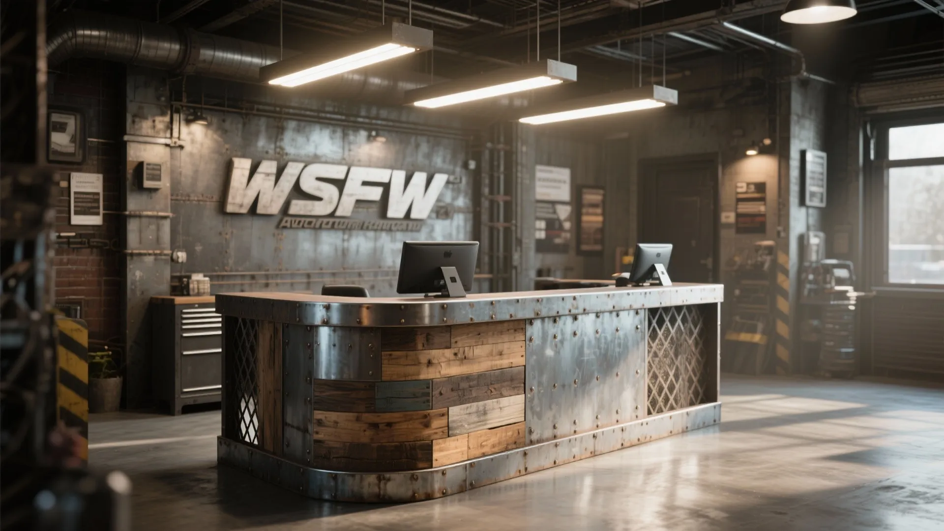 Industrial style reception desk with metal and reclaimed wood in auto repair office