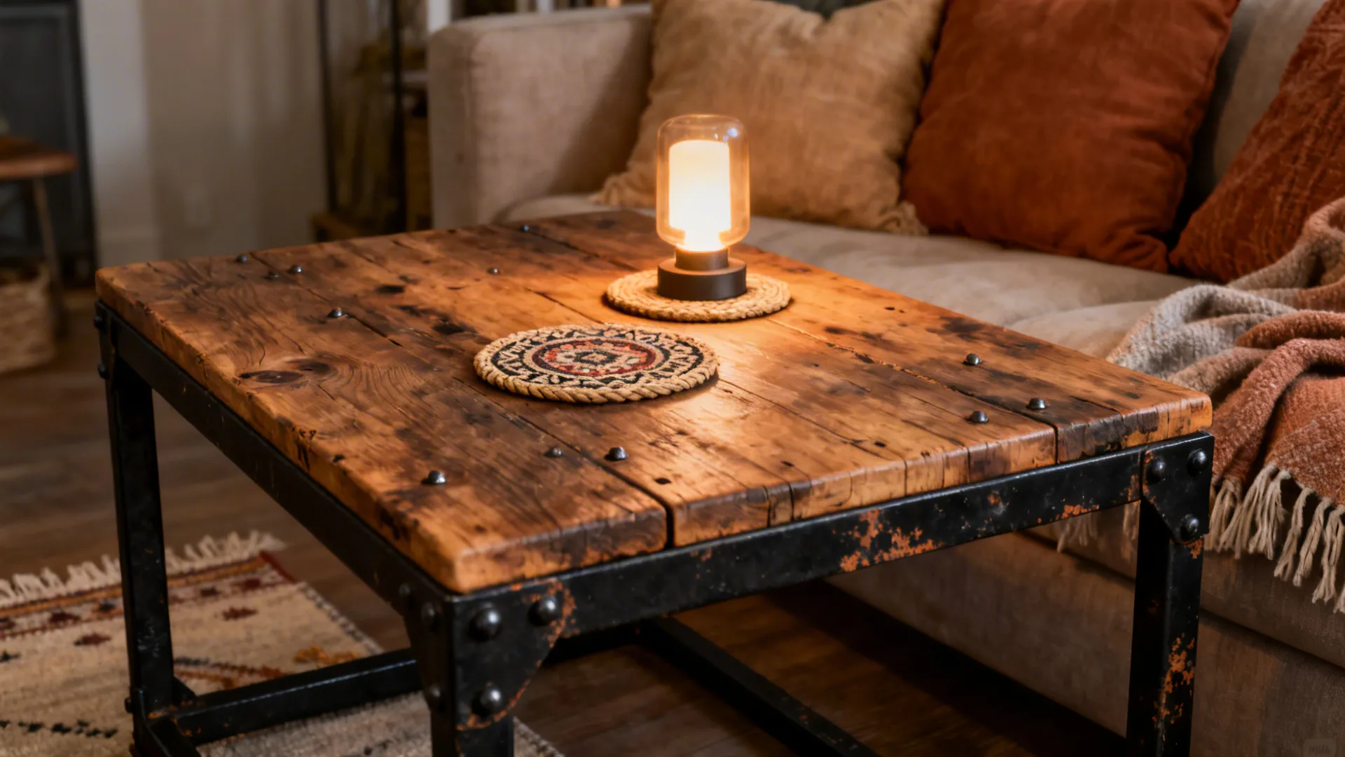 Industrial coffee table with wood top and metal frame near sofa featuring small table light