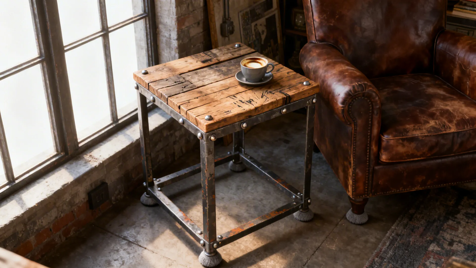 Industrial side table with wood top holding a coffee cup next to a leather sofa