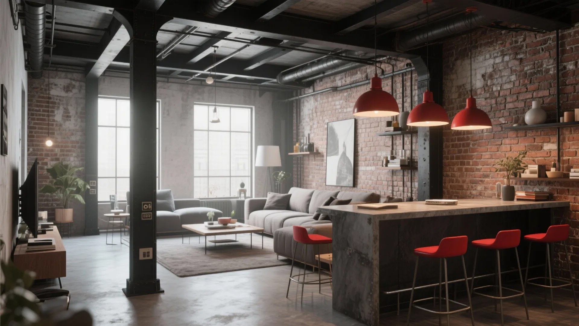 Industrial open plan living room with brick walls red ceiling lights grey sofa and stools