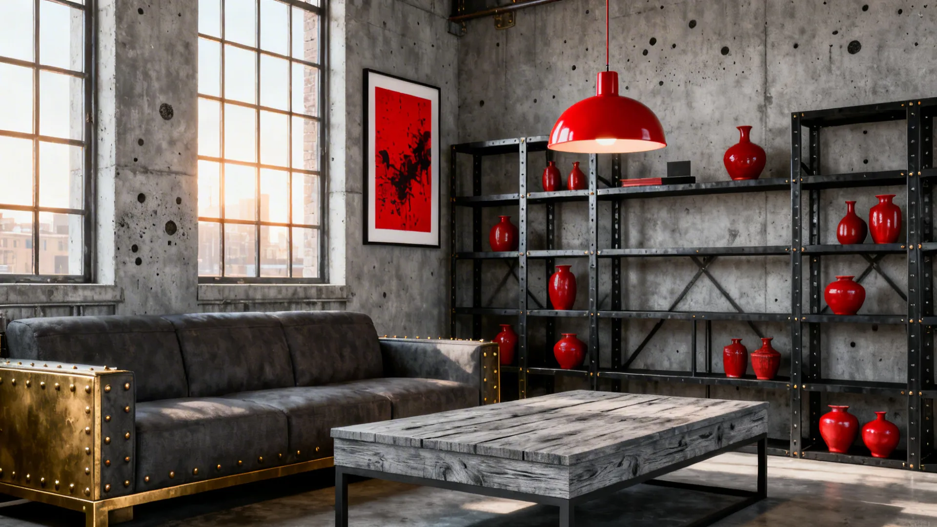 Industrial grey living room with concrete and steel elements warmed by red vases and pendant lighting.