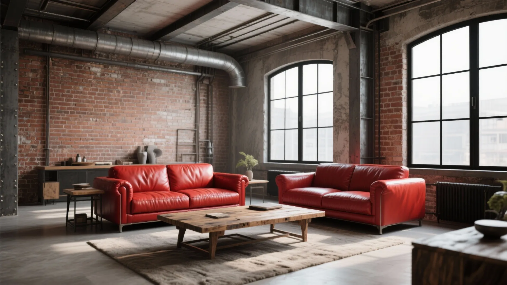 Industrial loft with red leather couch and exposed brick