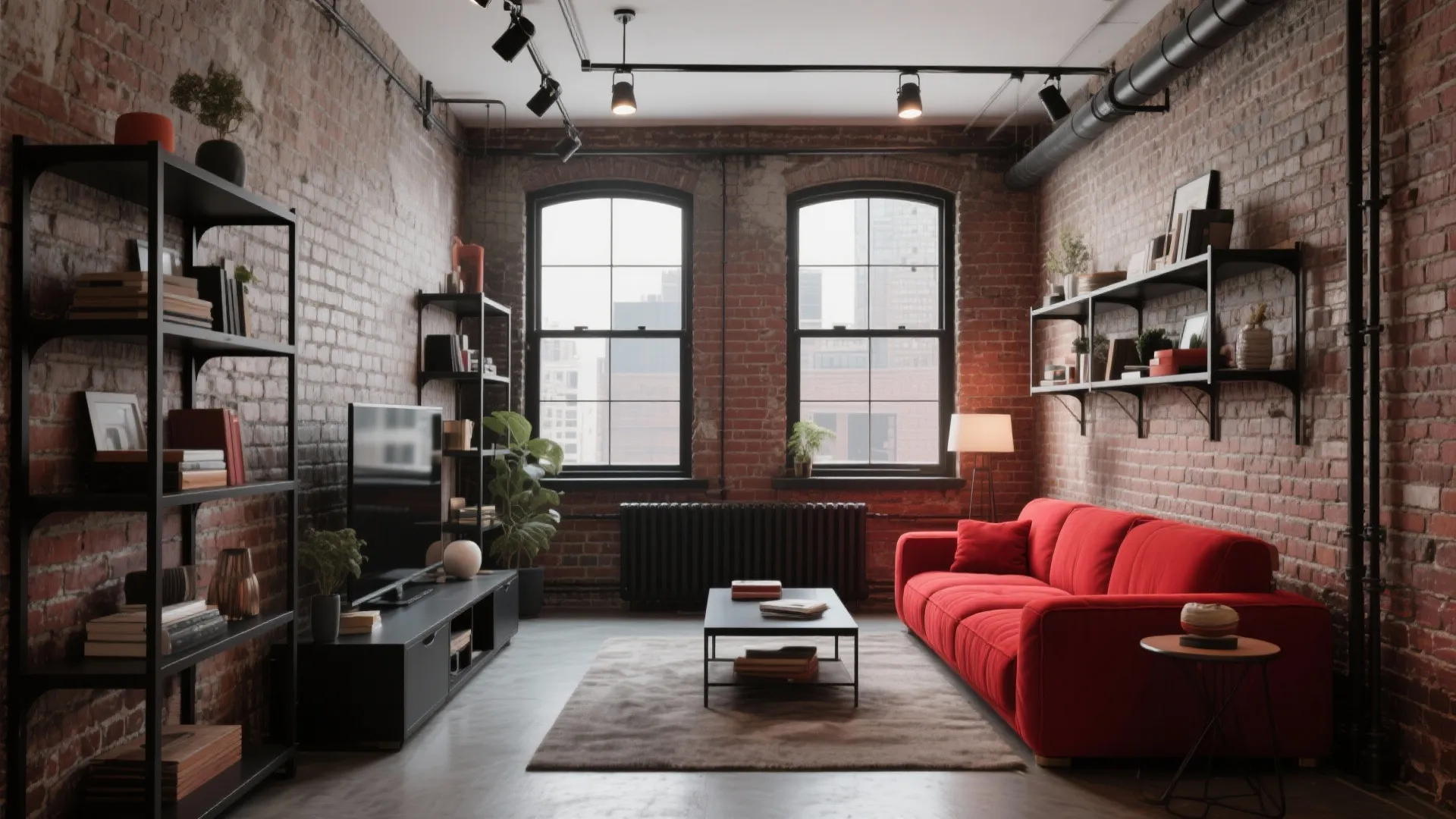 2. Red Couch with Industrial Touches