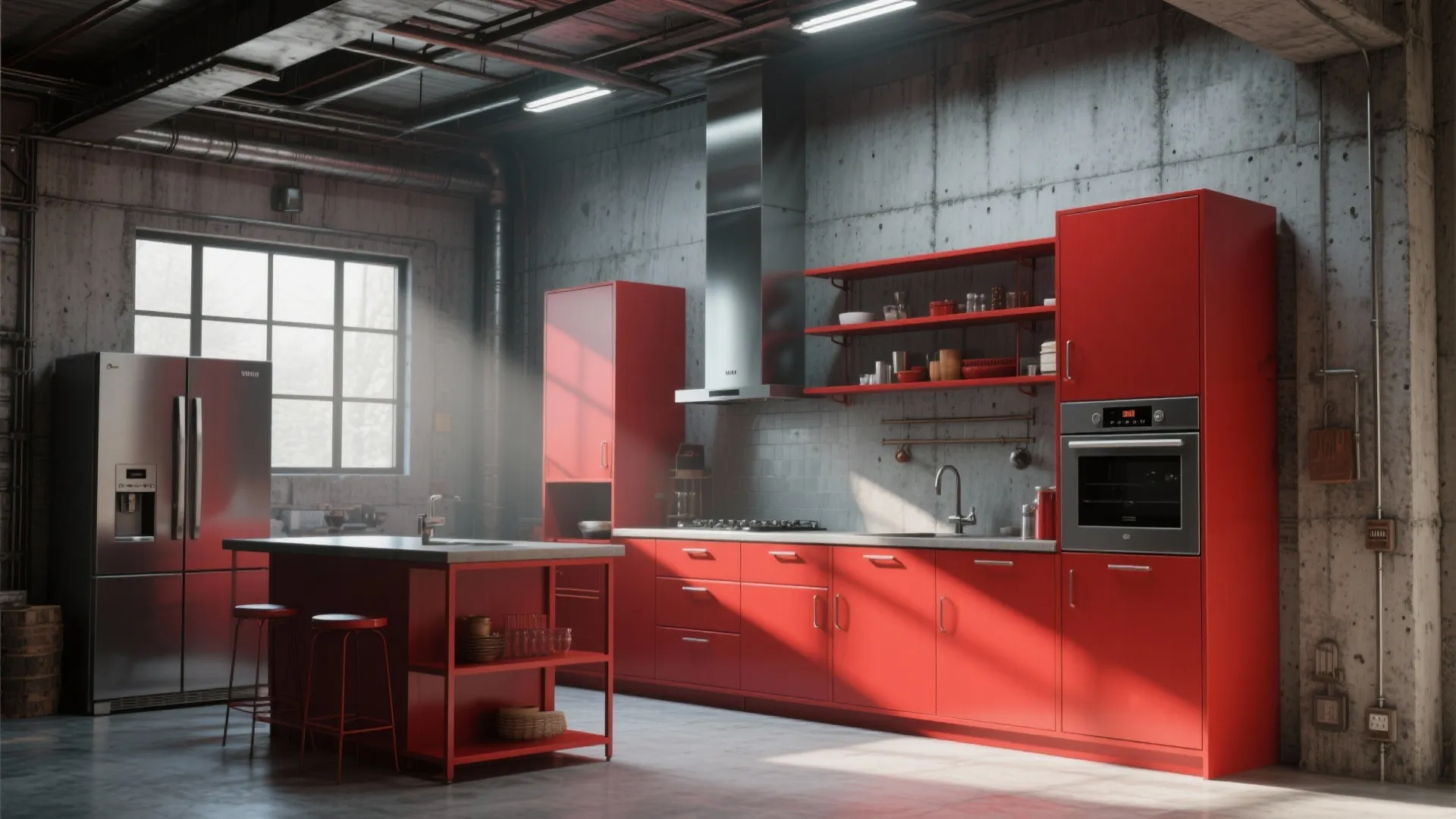 Industrial kitchen with concrete walls red cabinets and red island with large stainless steel fridge