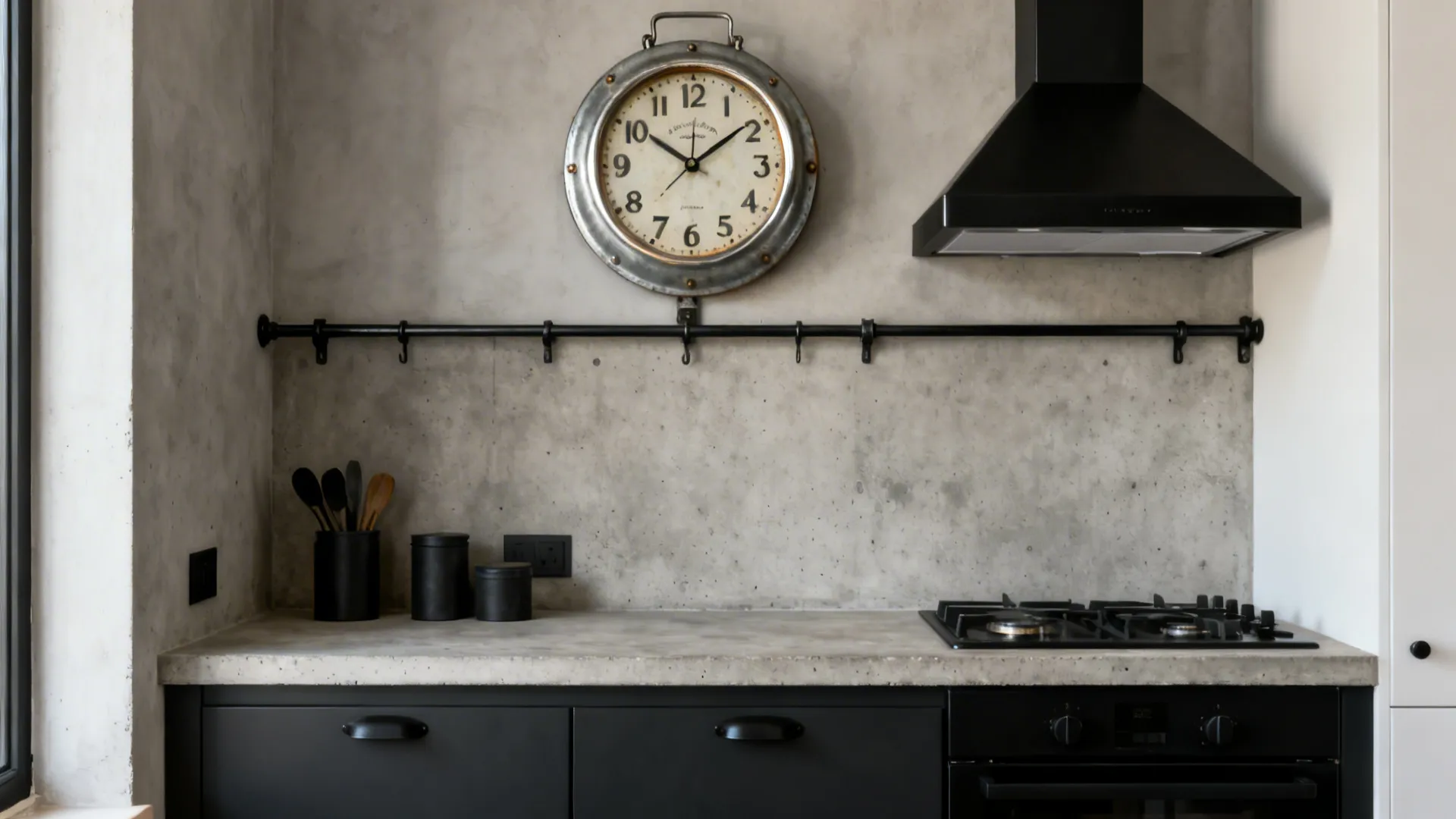 Small kitchen with a galvanized steel industrial wall clock above a rail and concrete-look counter.