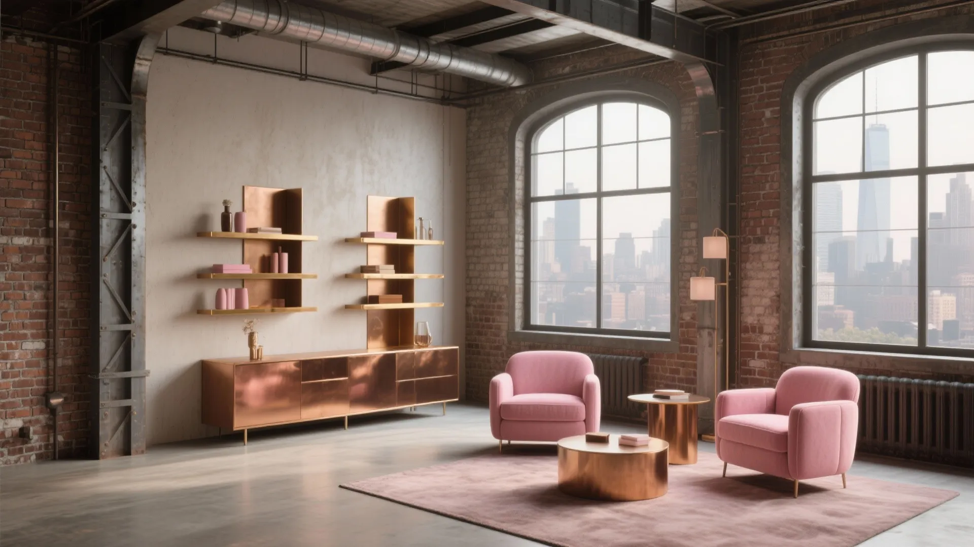 Industrial loft with rose gold shelving and pink touches