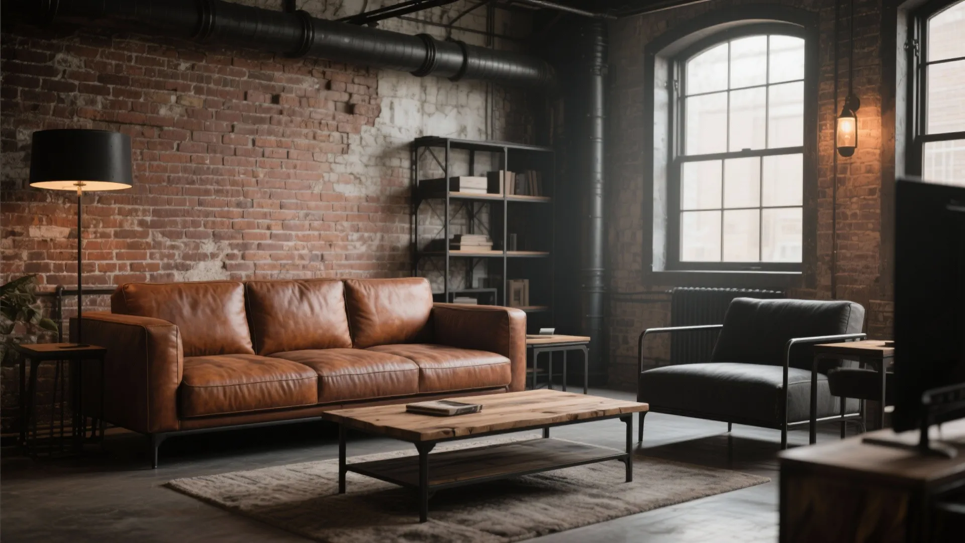 Rust sofa with industrial decor like exposed brick wall and metal accents