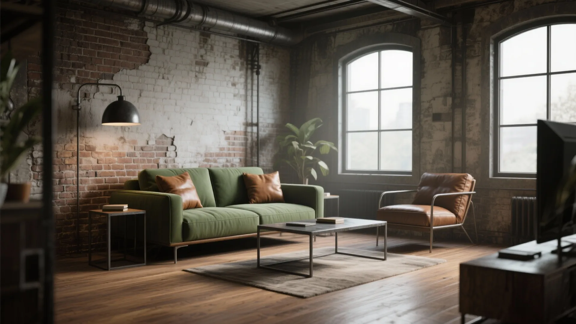 Industrial living room with brick wall green sofa leather chair large window and wood floor