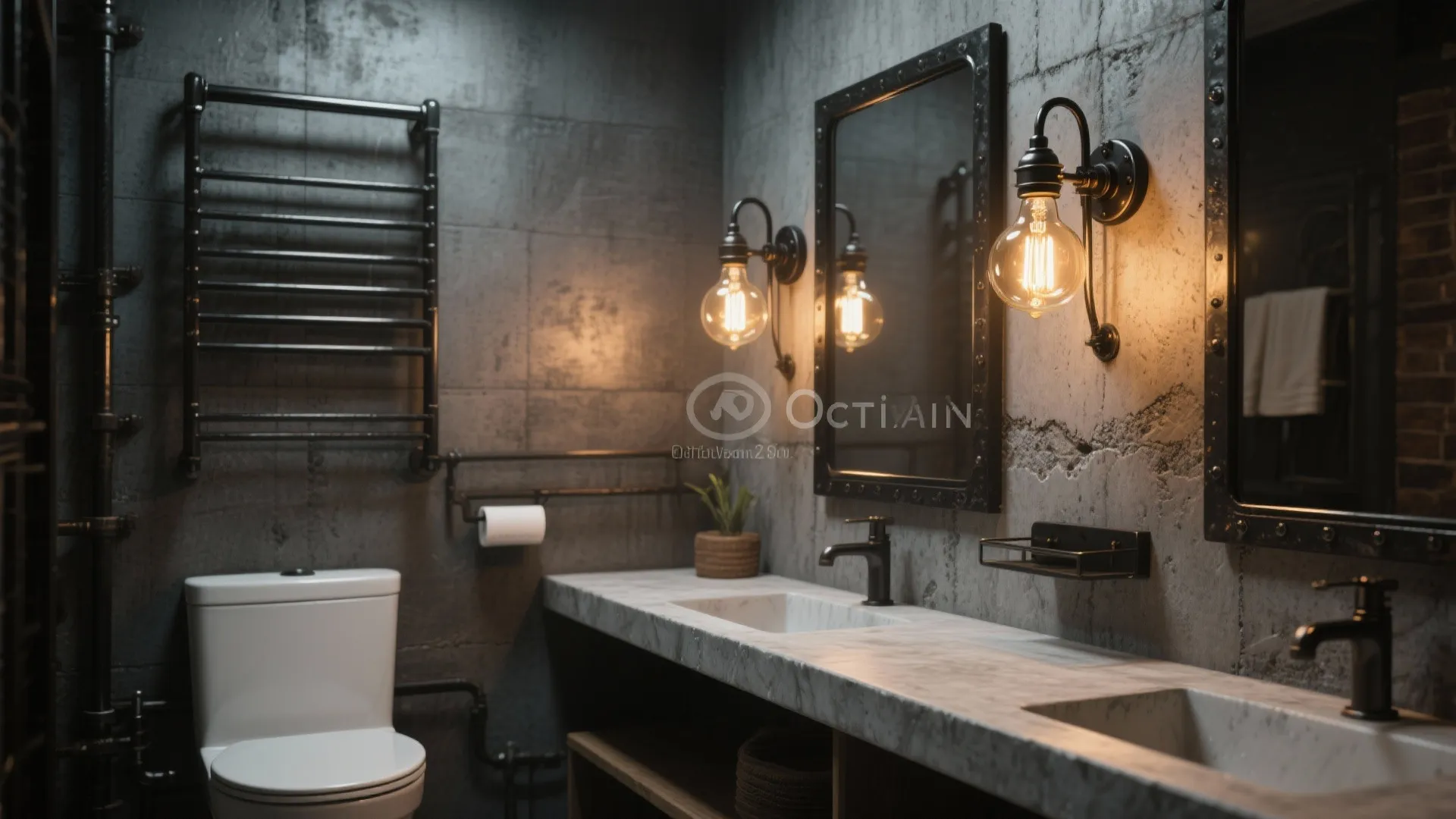 Loft-style bathroom with black metal sconces and exposed Edison bulbs over a concrete countertop