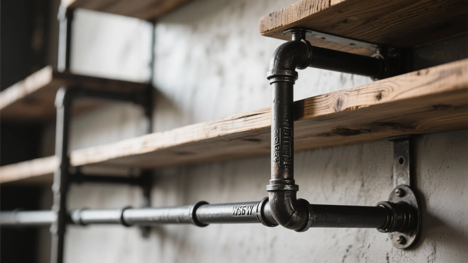 Close up of industrial style wall shelves made from black metal pipes and natural wood