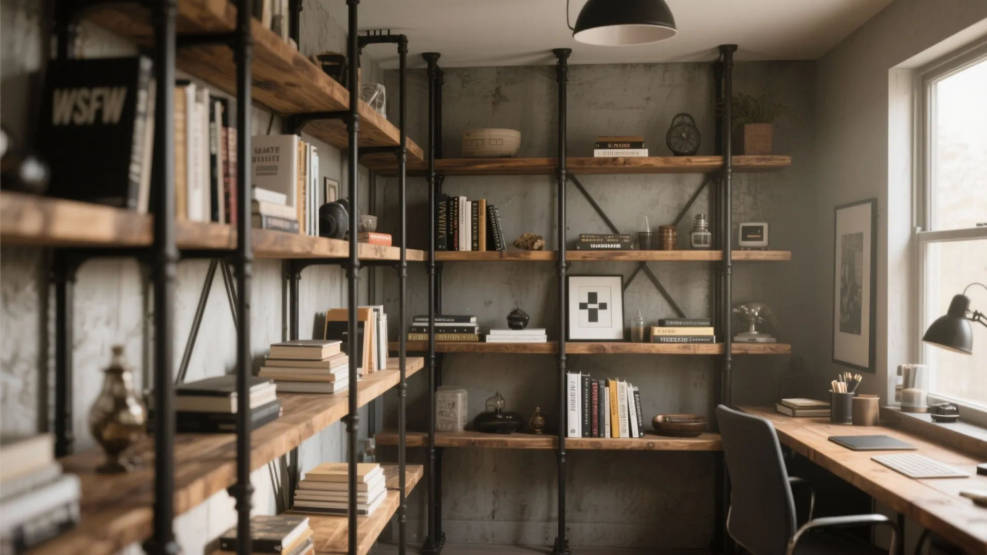 Industrial style home office with wooden shelves on black pipes and a long wooden desk