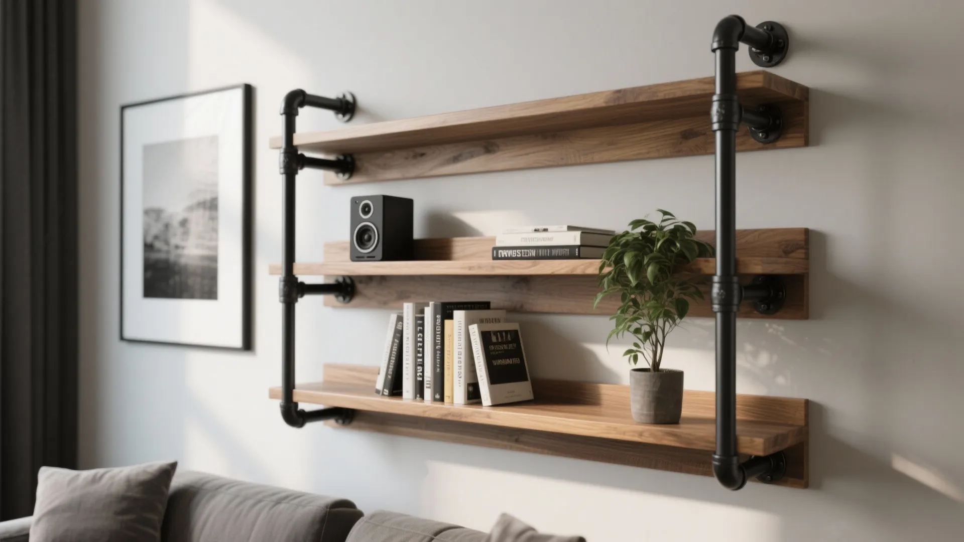 Mixed-Material Industrial Wall Shelves (Wood + Steel)