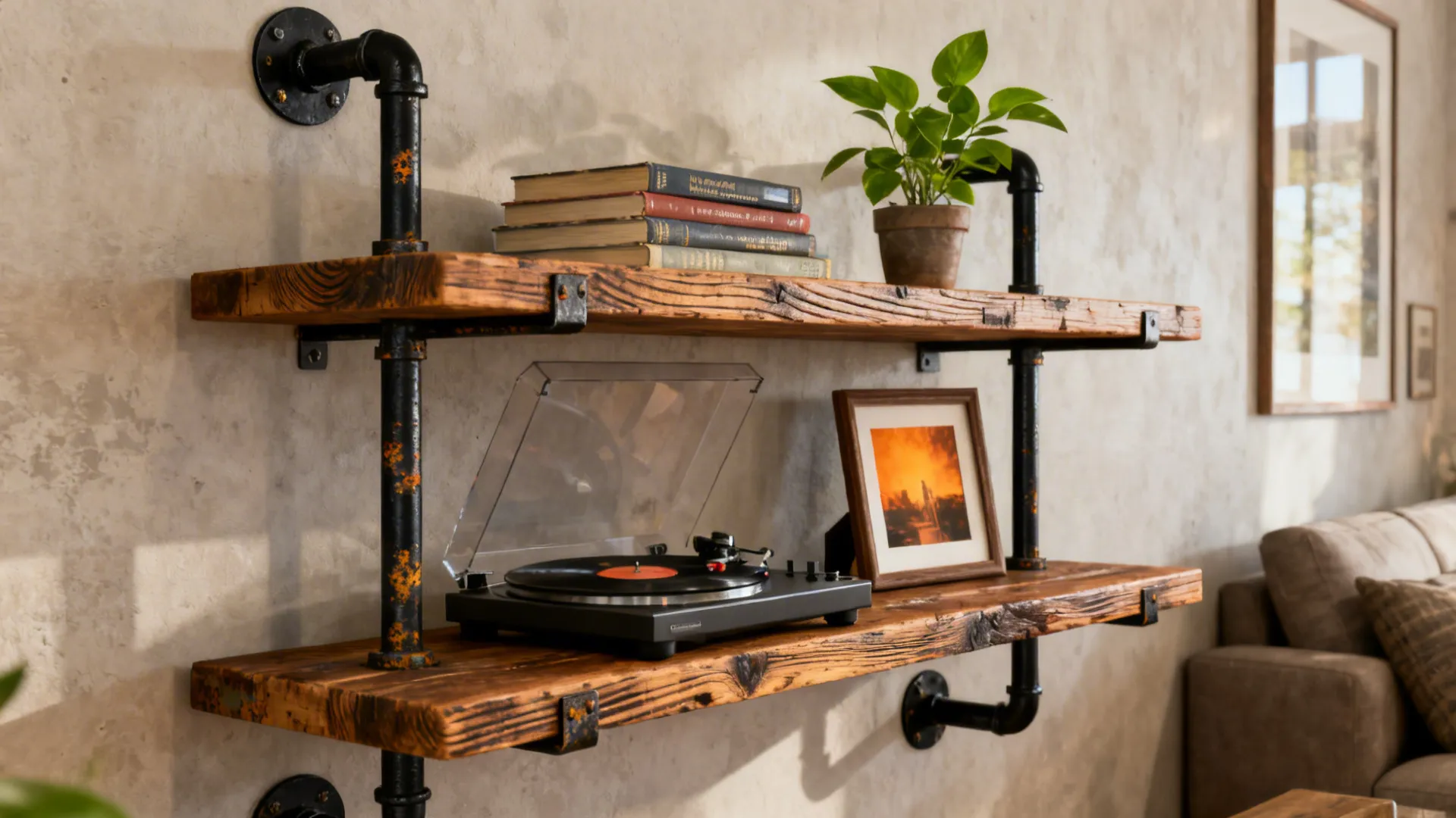 Industrial metal-and-wood floating shelves styled with books, plant, and framed photo.