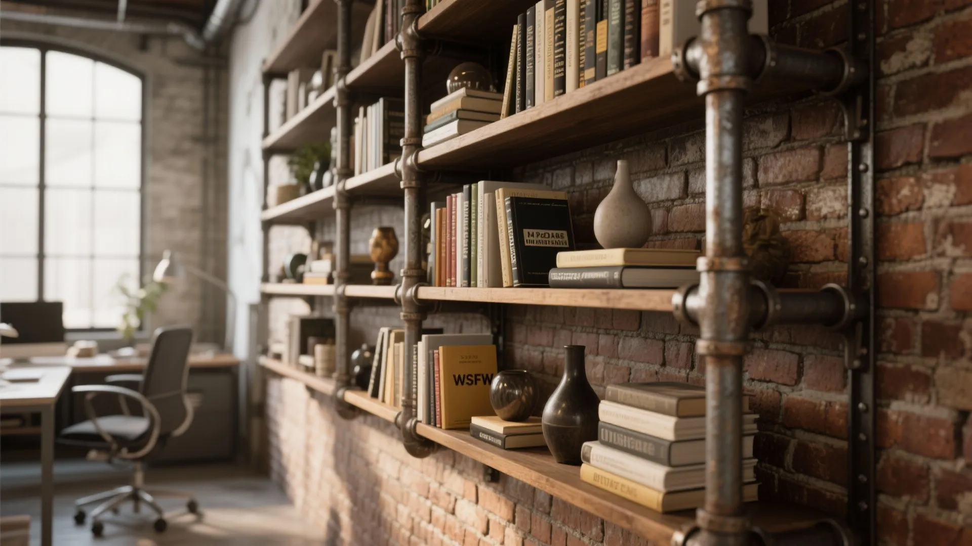Industrial wall shelves made of metal pipes and wood against red brick wall with books