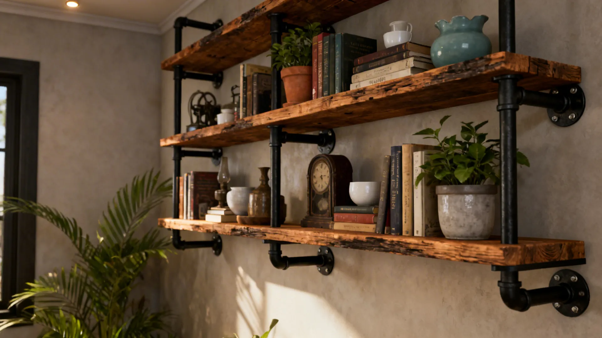 Metal pipe wall shelves with wood planks holding a vintage clock and many green plants