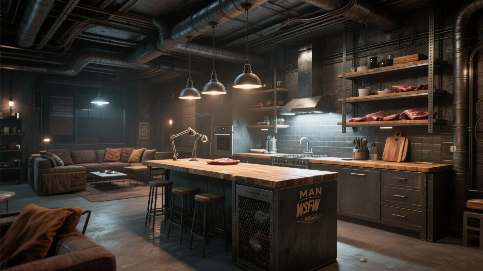 Industrial style kitchen with wood island, black ceiling lights, exposed pipes, and a grey sofa