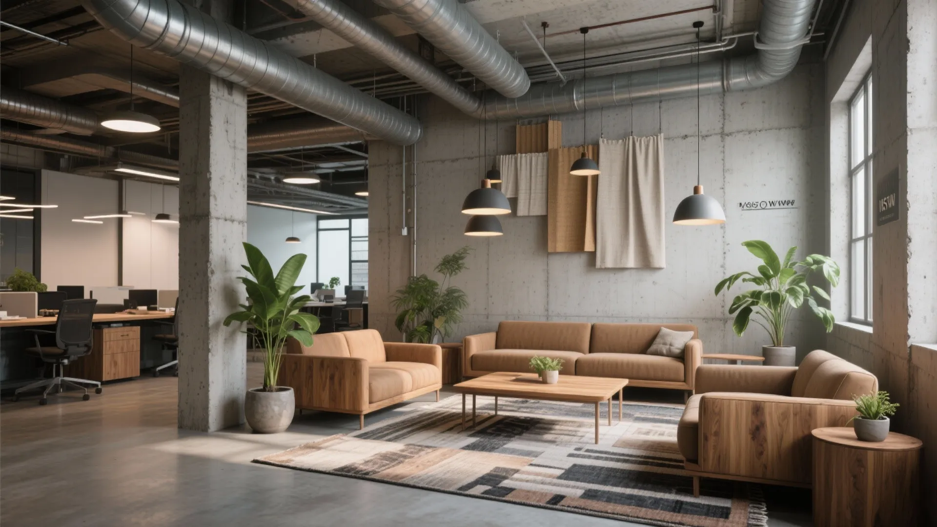 Industrial style office lounge with brown sofas wooden coffee table green plants and exposed ceiling pipes
