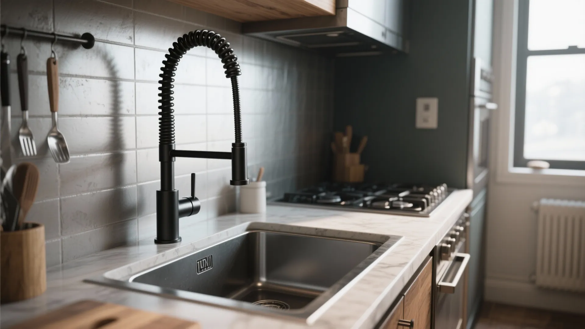 Black spring-coil pull-down faucet in a compact galley kitchen over a deep sink