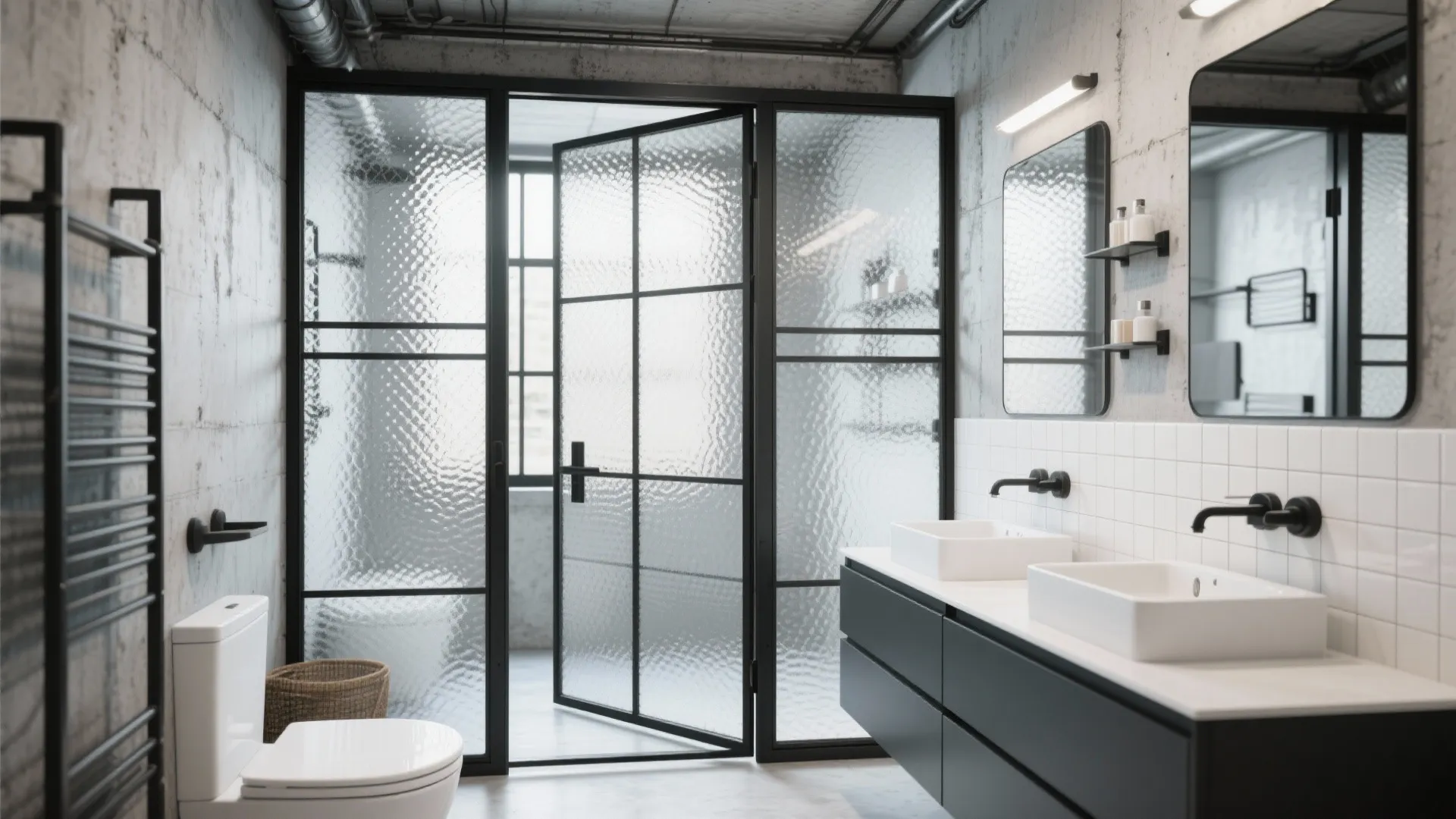Industrial bathroom with concrete walls black metal framed glass door and double white sink vanity