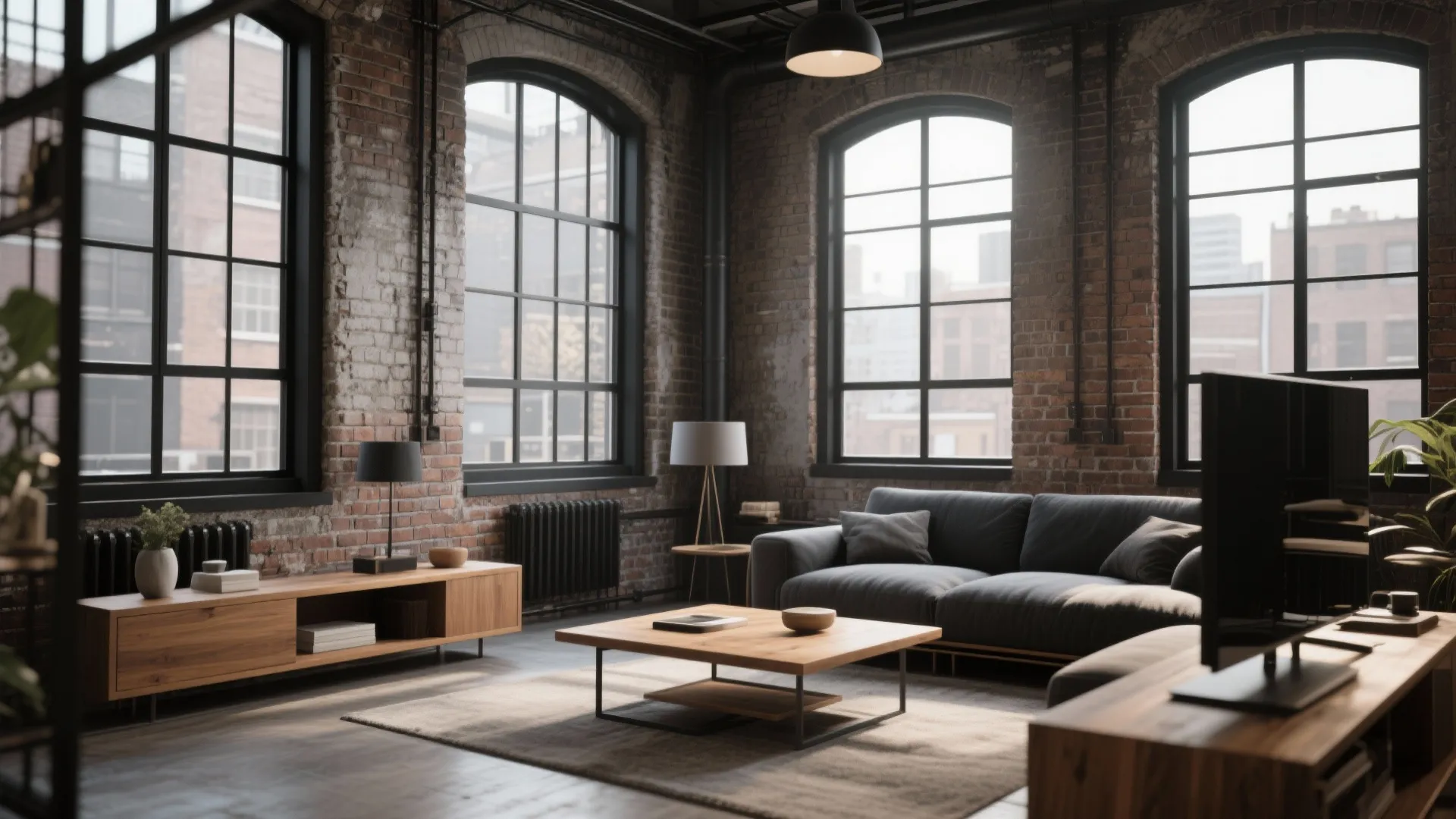 Industrial living room with exposed brick walls large black frame windows and a grey sofa