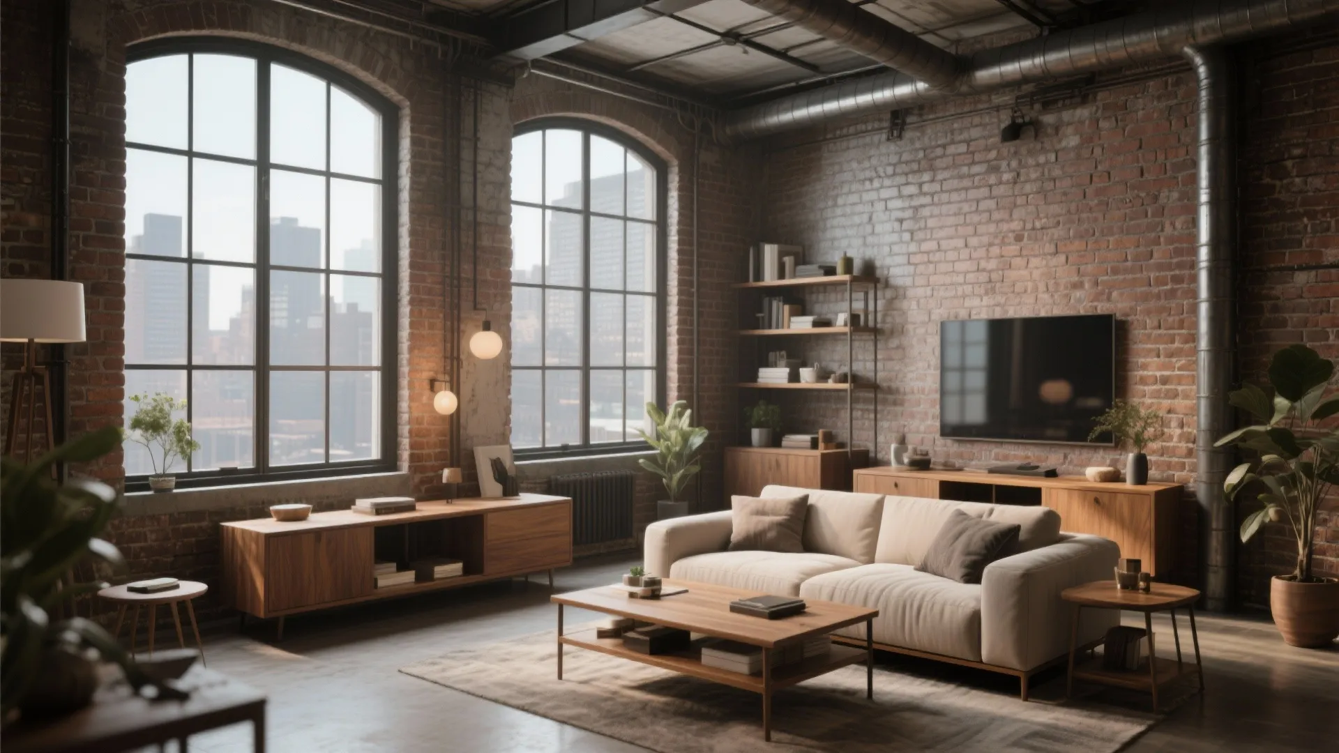 Industrial living room with red brick walls large black windows white sofa and wooden coffee table