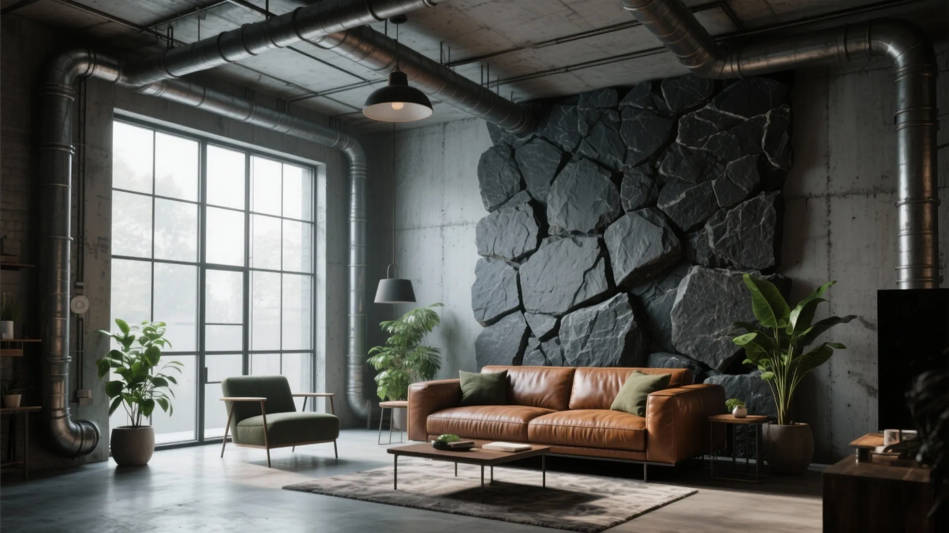 Industrial loft with slate stone and concrete walls