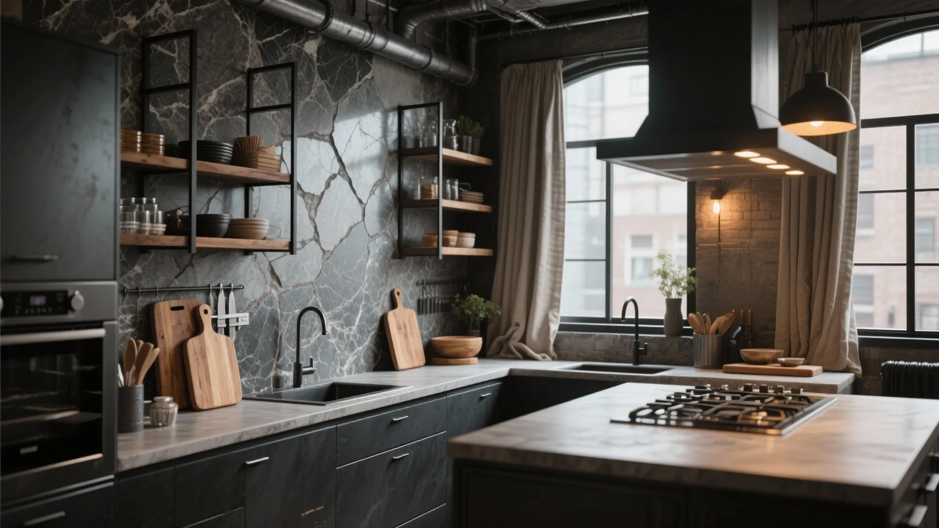 Industrial loft with exposed stone and metal accents