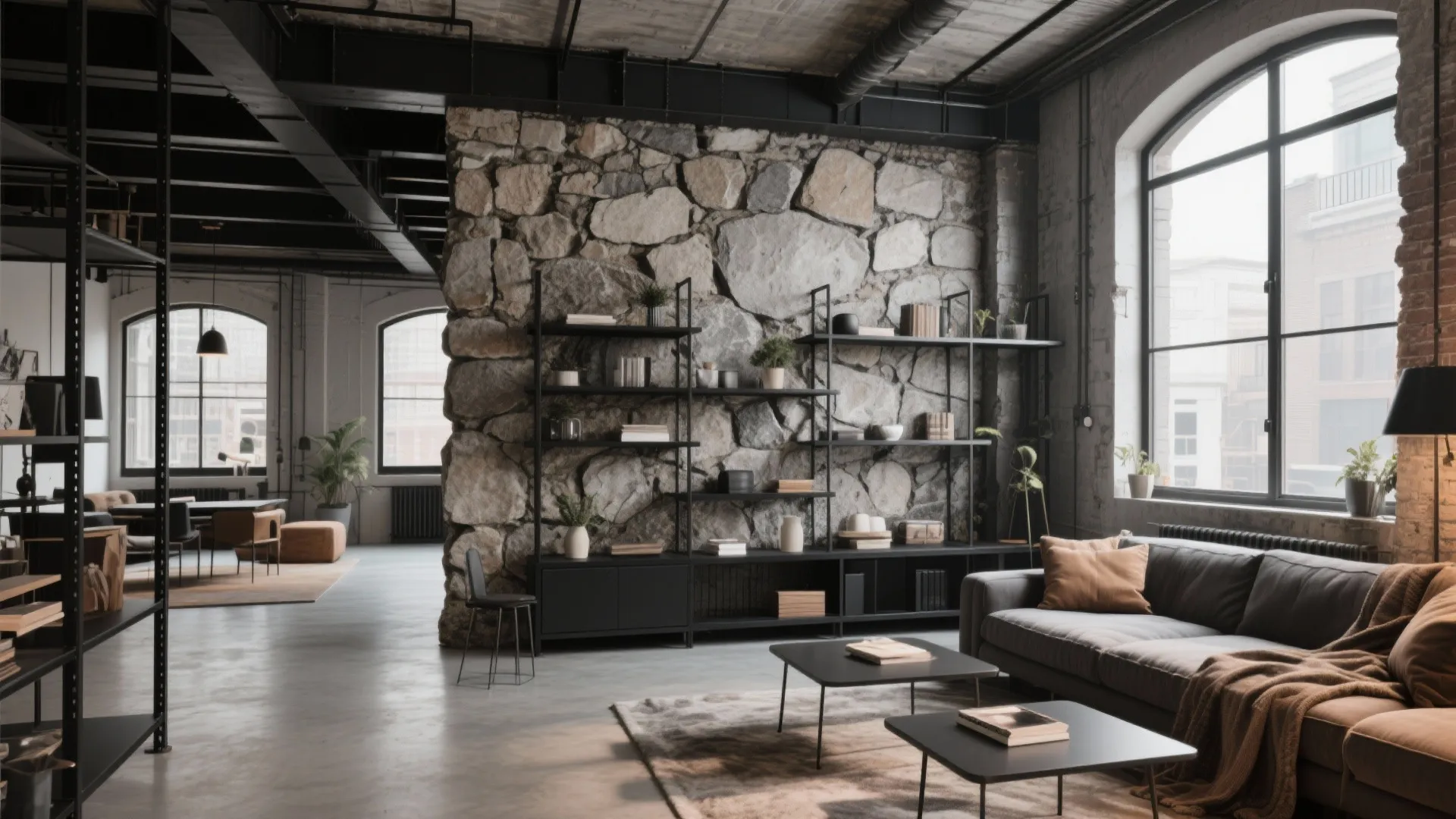 Industrial Chic with Exposed Stone and Metal