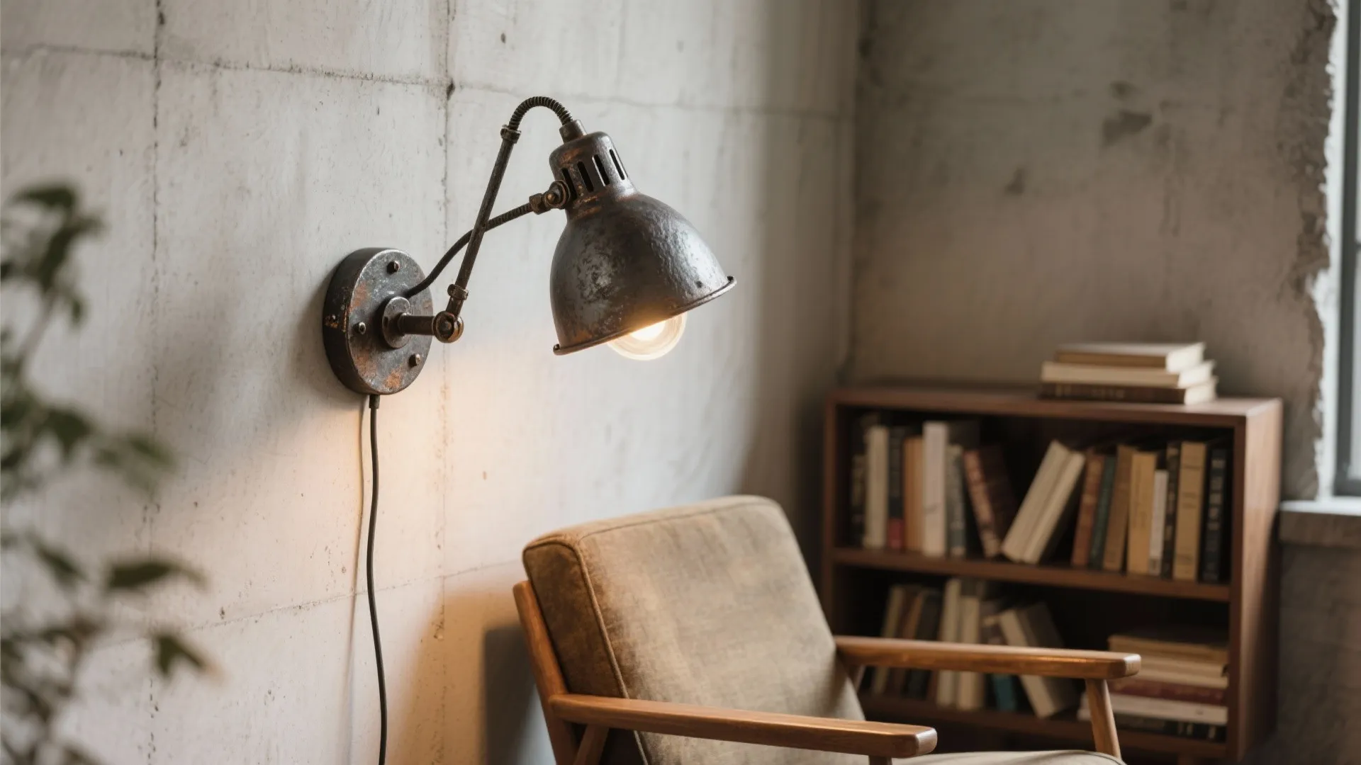 1. Industrial swing-arm iron sconce for reading nooks
