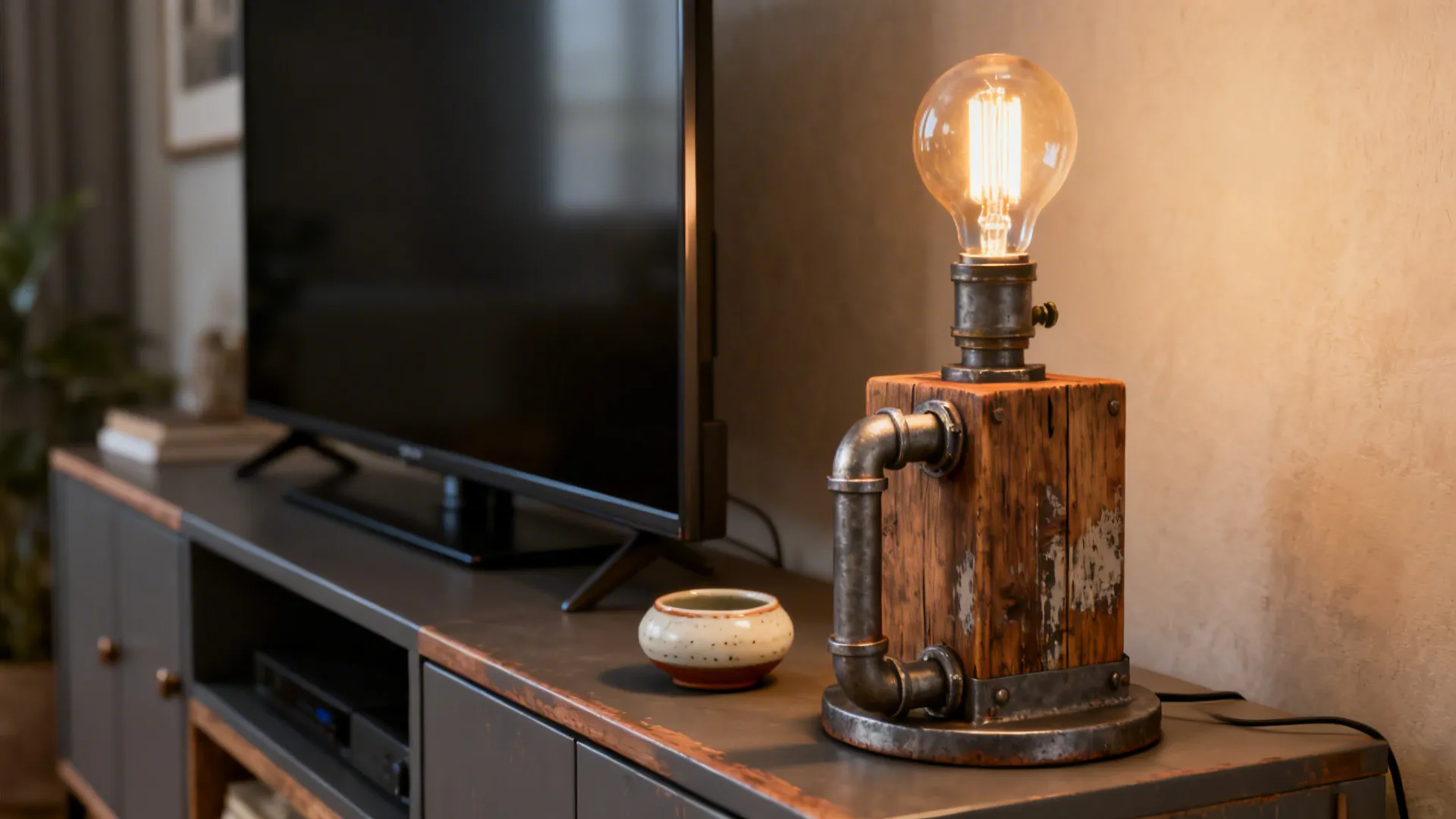 Industrial farmhouse table lamp with metal pipe base and distressed wood body on a small sideboard.