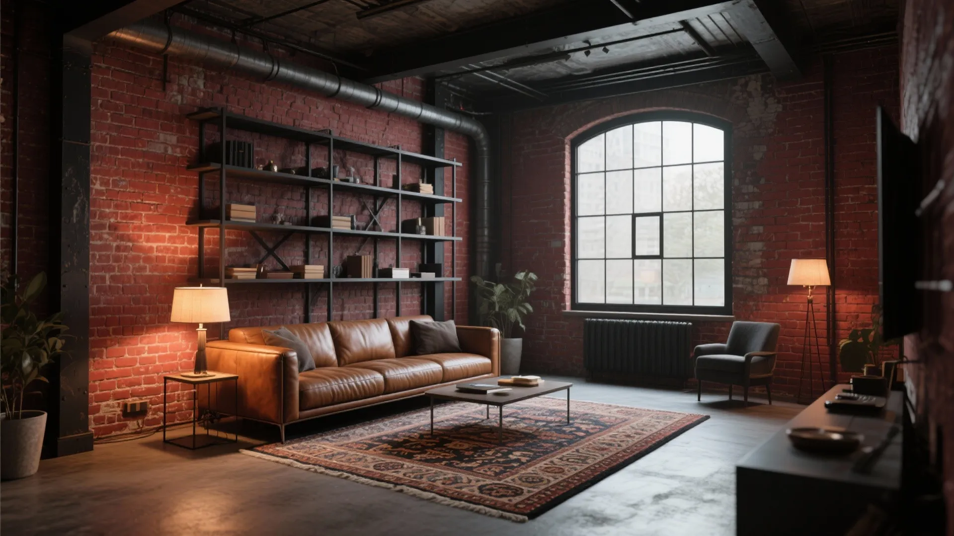 Industrial living room with red brick wall, leather sofa, black metal bookshelf, and arched window