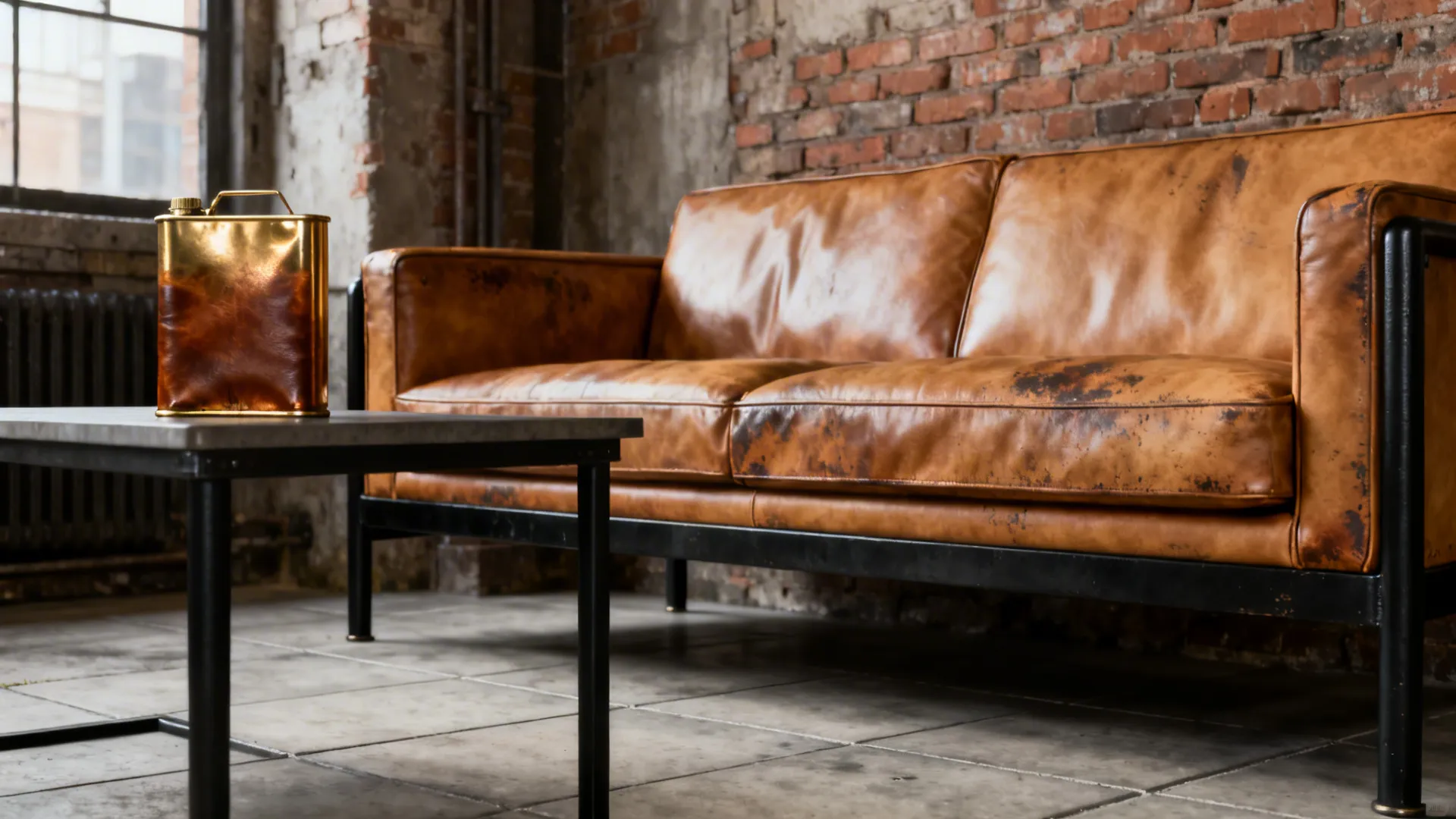Industrial style living room with brown leather sofa brick wall and black coffee table decor
