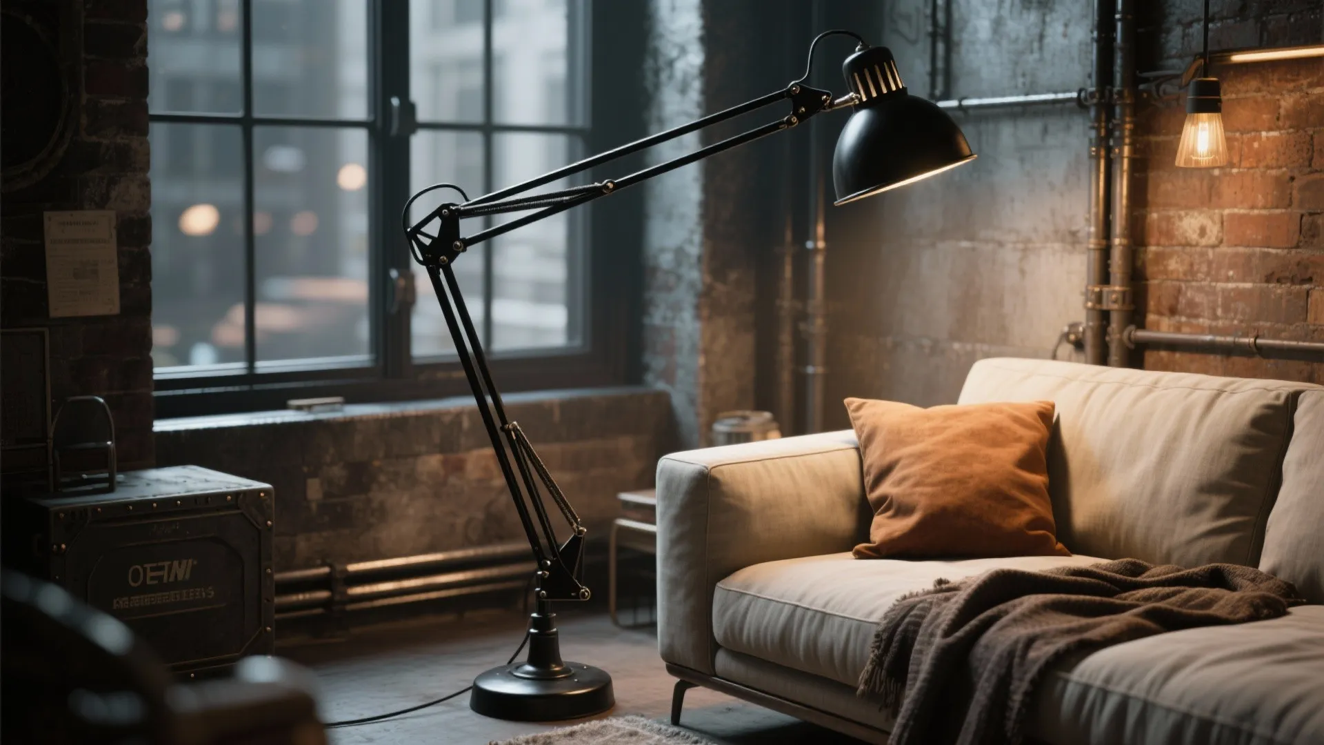 Black industrial floor lamp next to a sofa with orange pillow and exposed brick wall