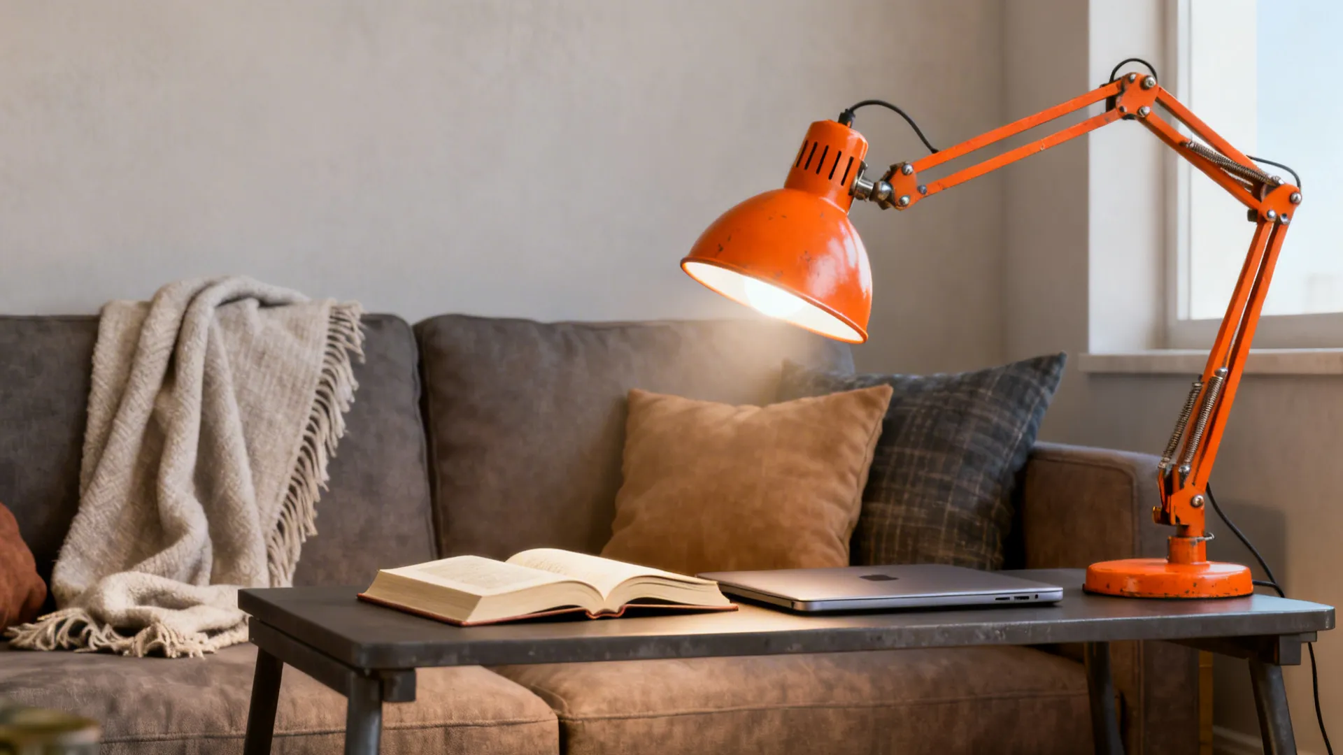 Living room workspace with an orange industrial task lamp directing light over a desk, balanced by soft textiles.