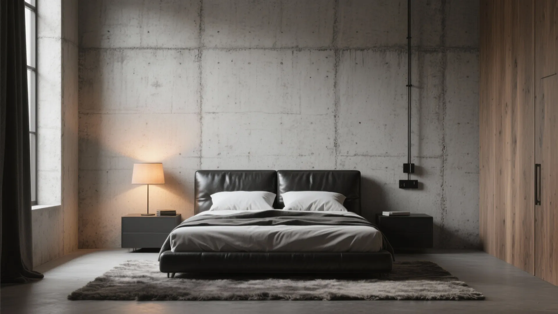 Industrial bedroom design with concrete wall black leather bed dark nightstands and a warm table lamp