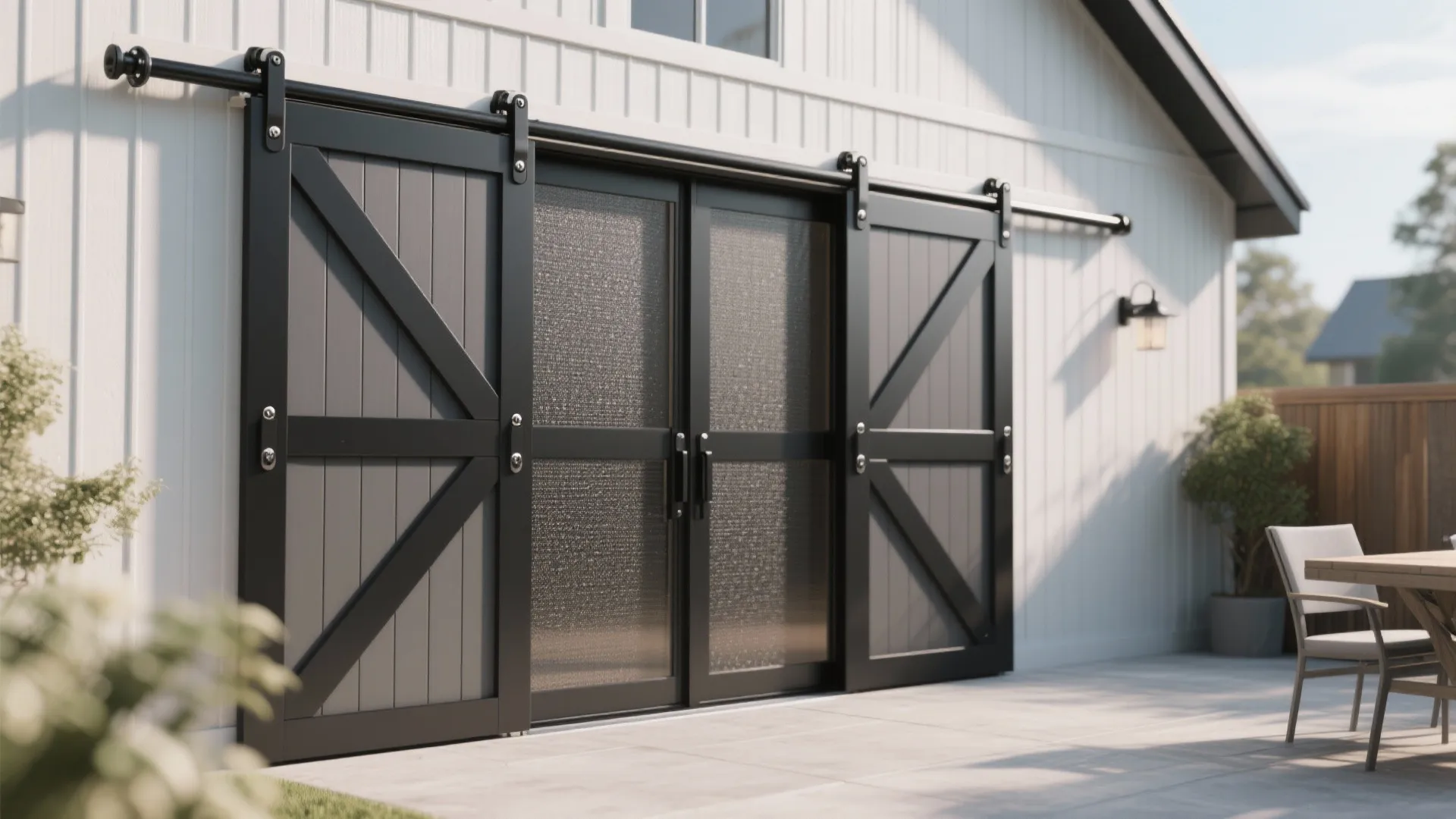 Modern black sliding barn doors with glass panels installed on a white wooden house wall