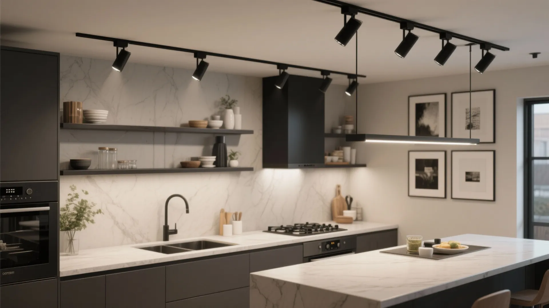 Modern kitchen with black track lighting over marble counters and gray cabinets in minimalist style