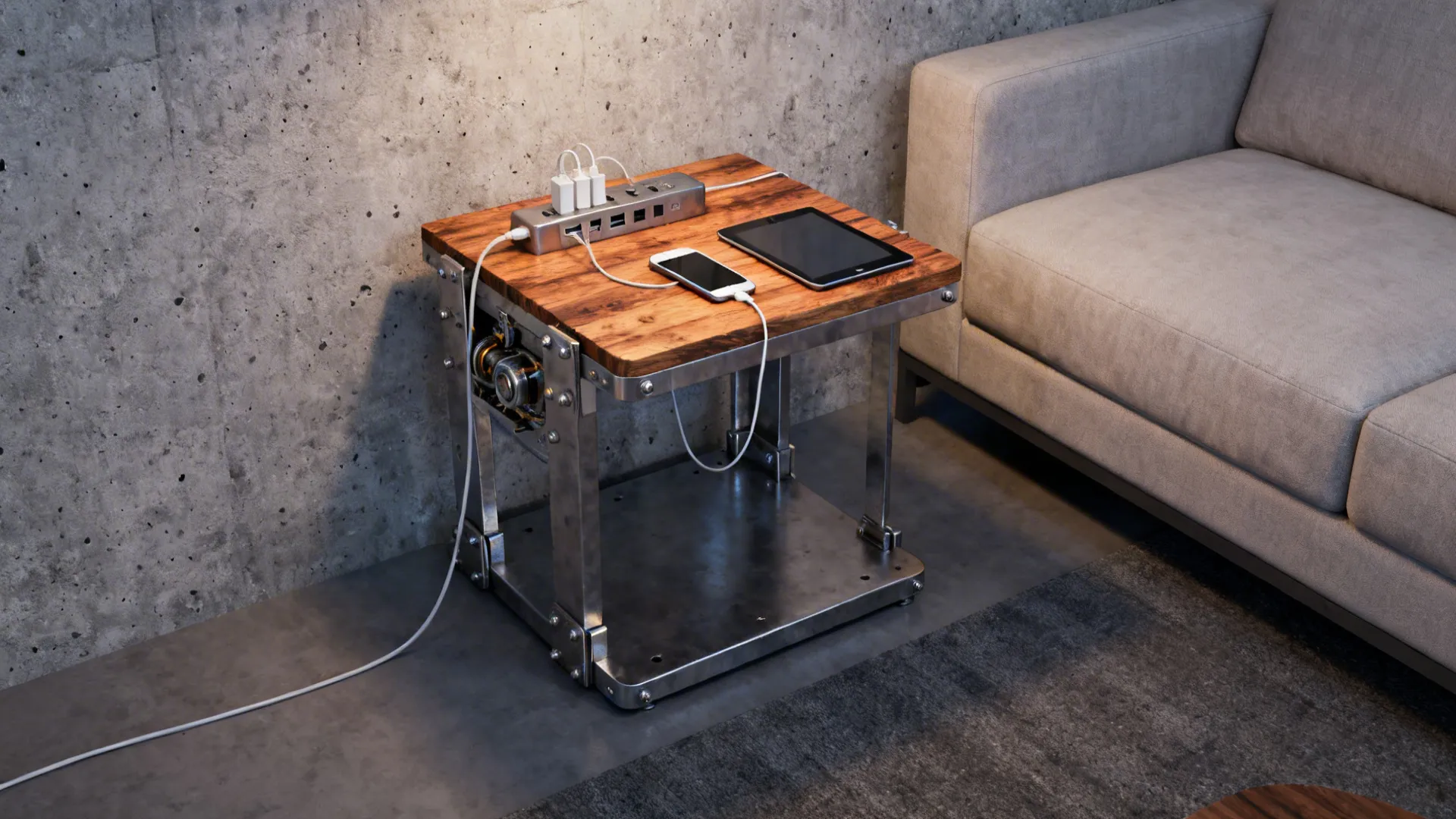 Industrial metal and wood end table with an exposed USB hub and devices charging
