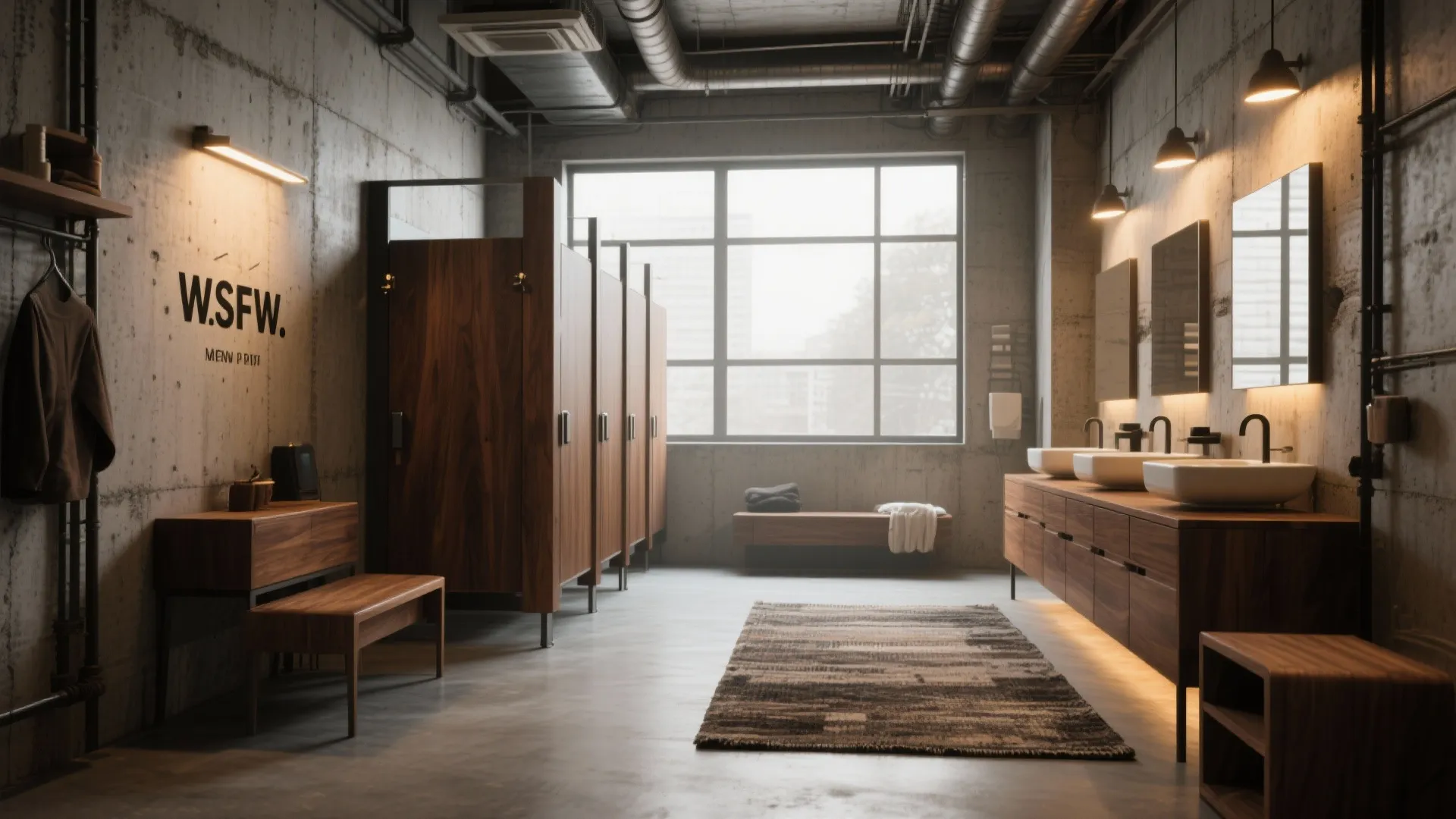 Industrial style bathroom with concrete walls wooden cabinets white sinks large mirrors and dark floor rug