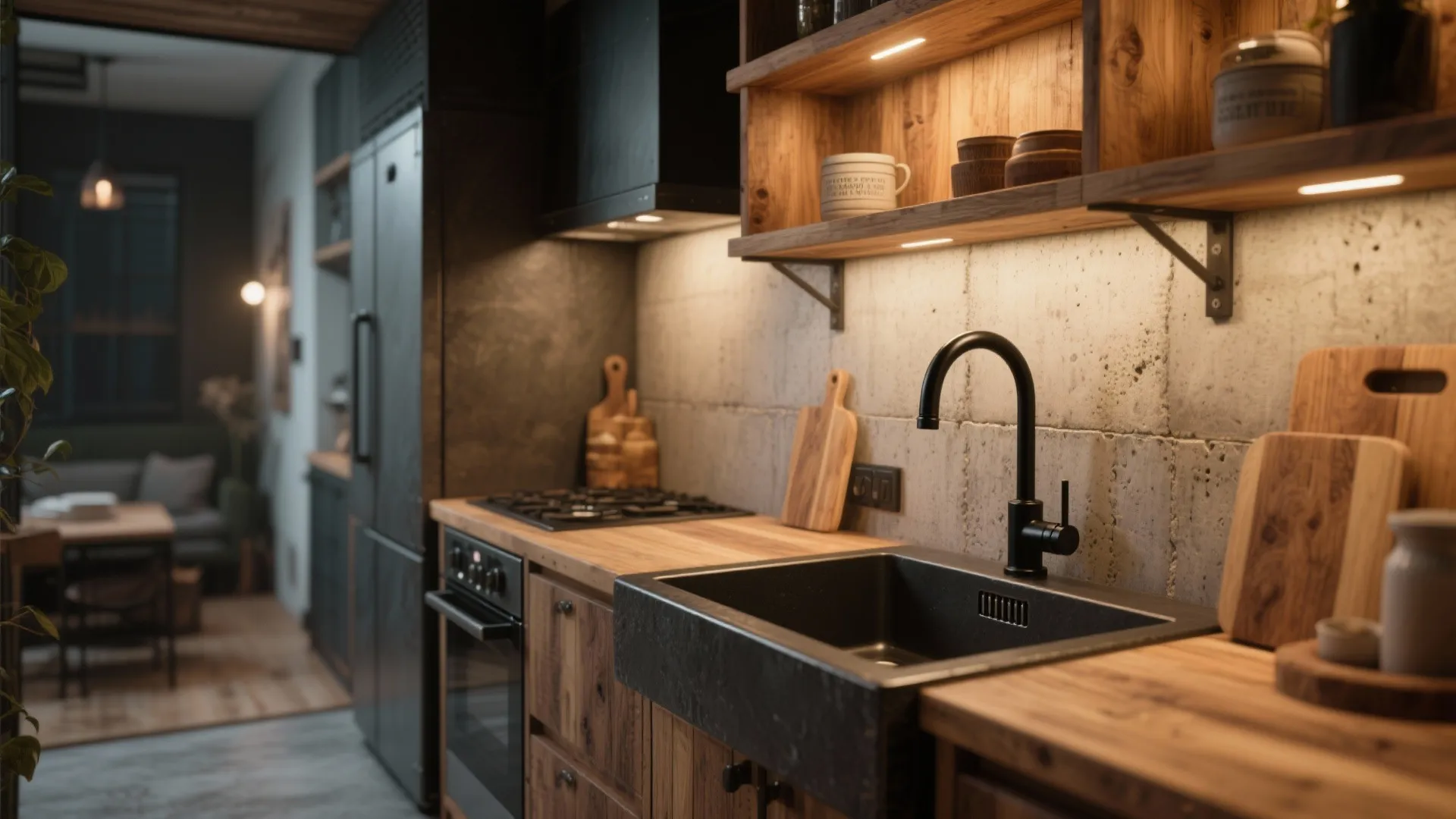 Modern industrial kitchen featuring wood cabinets black sink dark stove and warm wooden open shelving