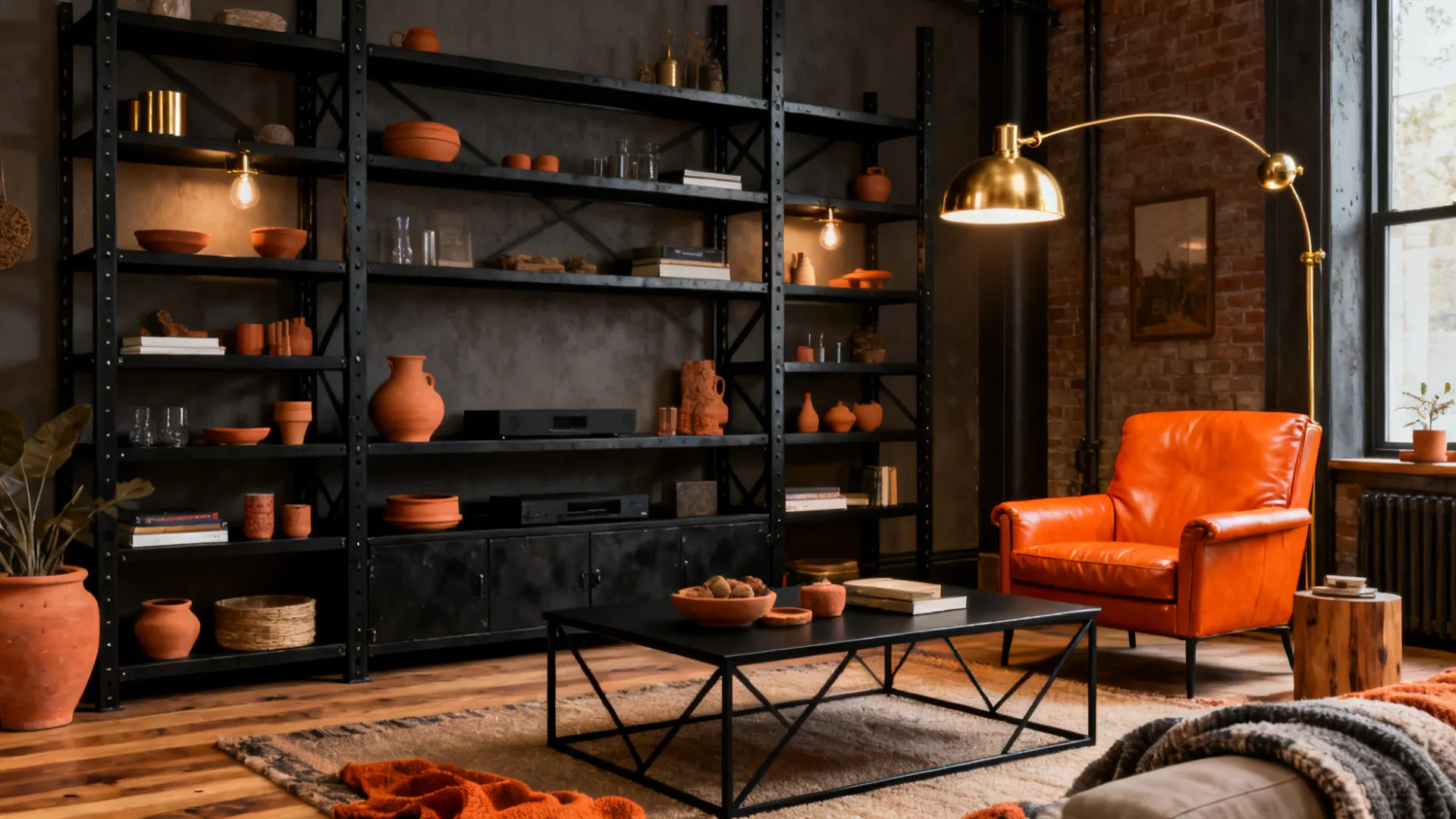 Industrial living room with black metal shelving, an orange leather chair and warm wood accents.