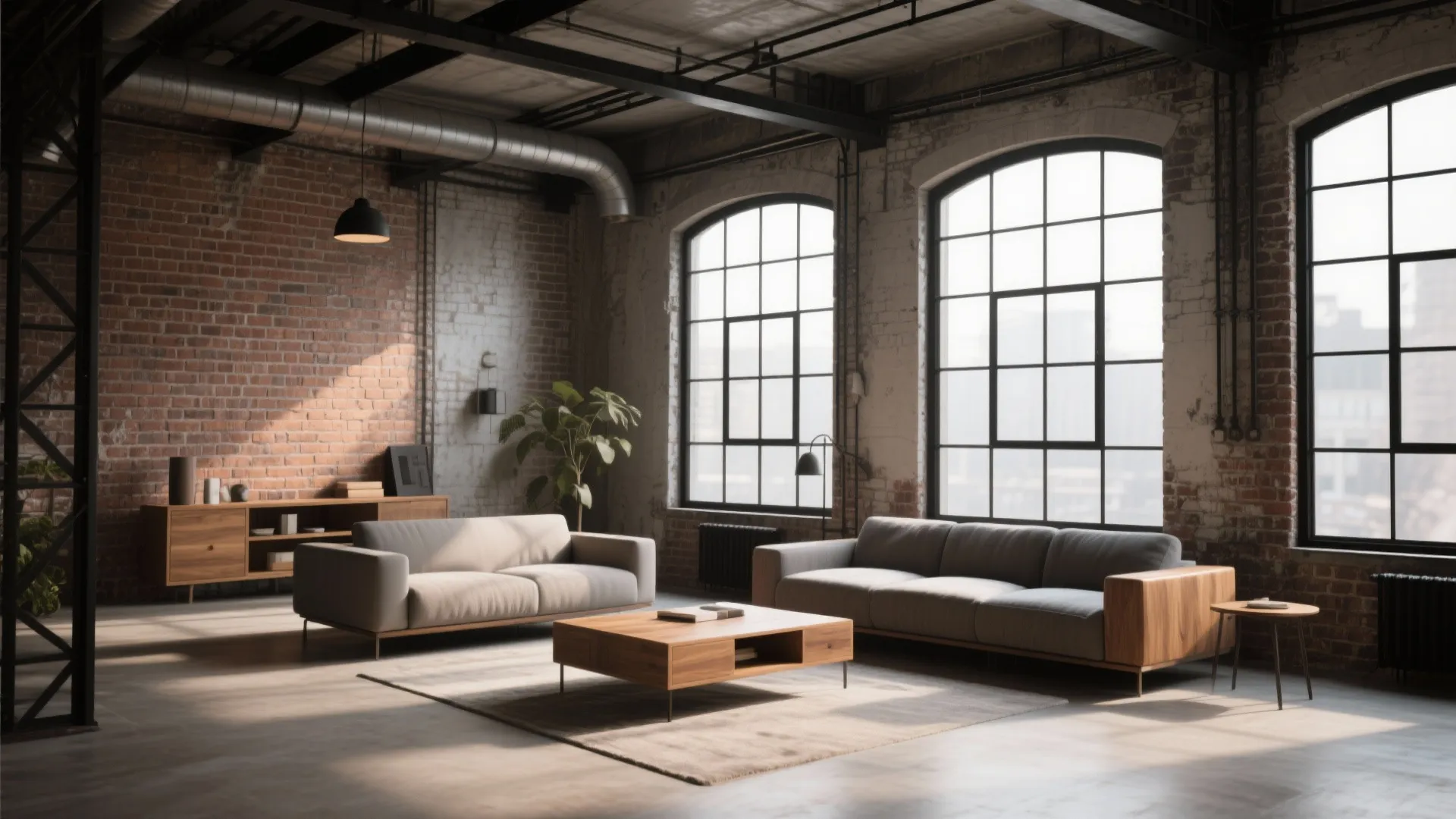 Industrial living room with red brick walls grey sofas wooden coffee table and large black windows